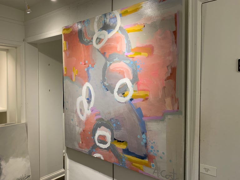 Swimming Upstream by Andrea Costa, Large Square Abstract Painting with Pink For Sale 3