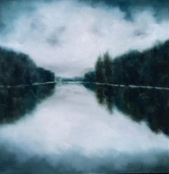 Teal Lake by Andrea Costa, Large Impressionist Landscape Oil Painting