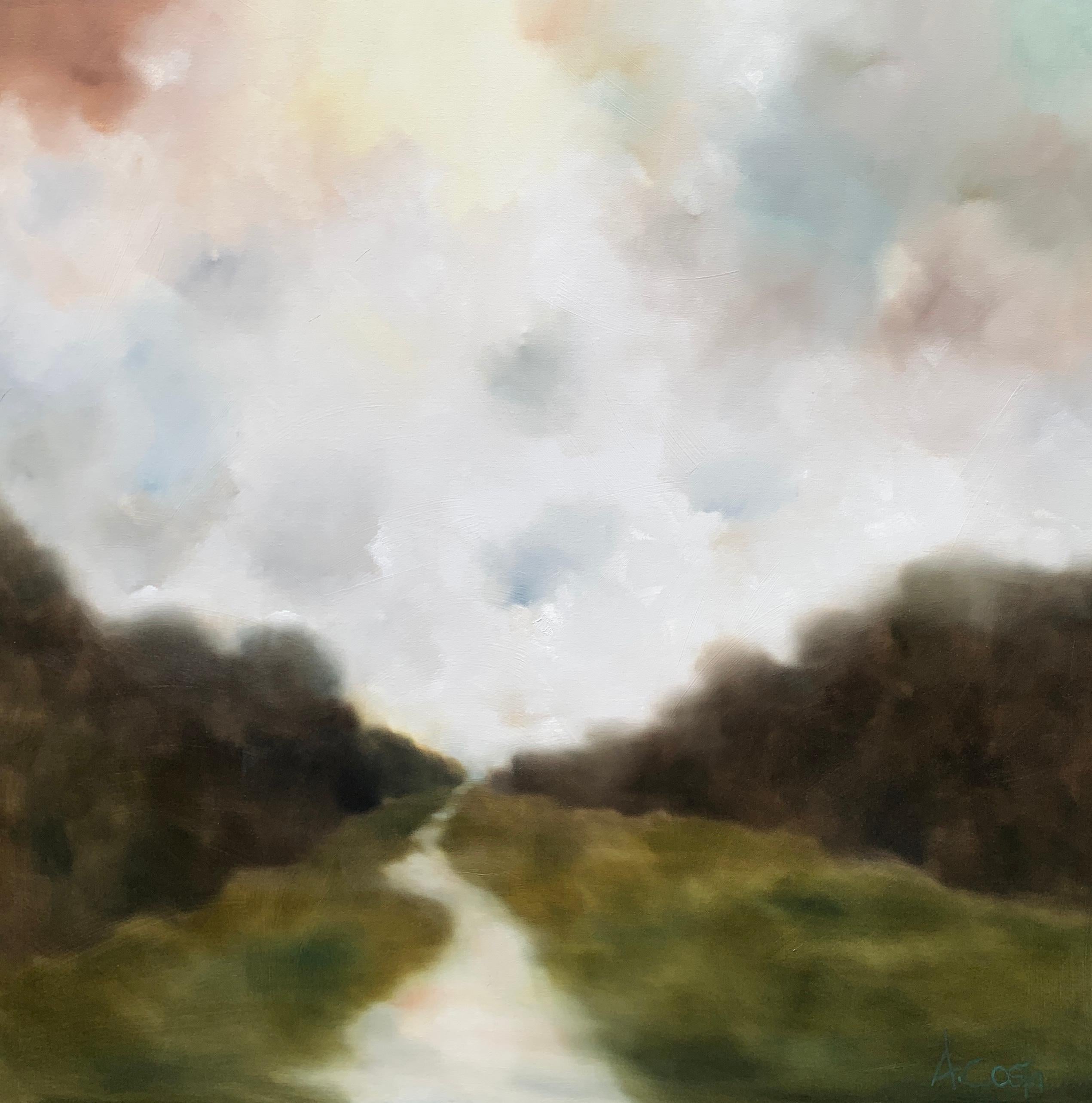 'The Path Back to Myself' is a large Impressionist oil on gesso landscape painting of square format created by American artist Andrea Costa in 2019. Featuring a palette made of green, brown, white and soft blue tonalities, the painting depicts a