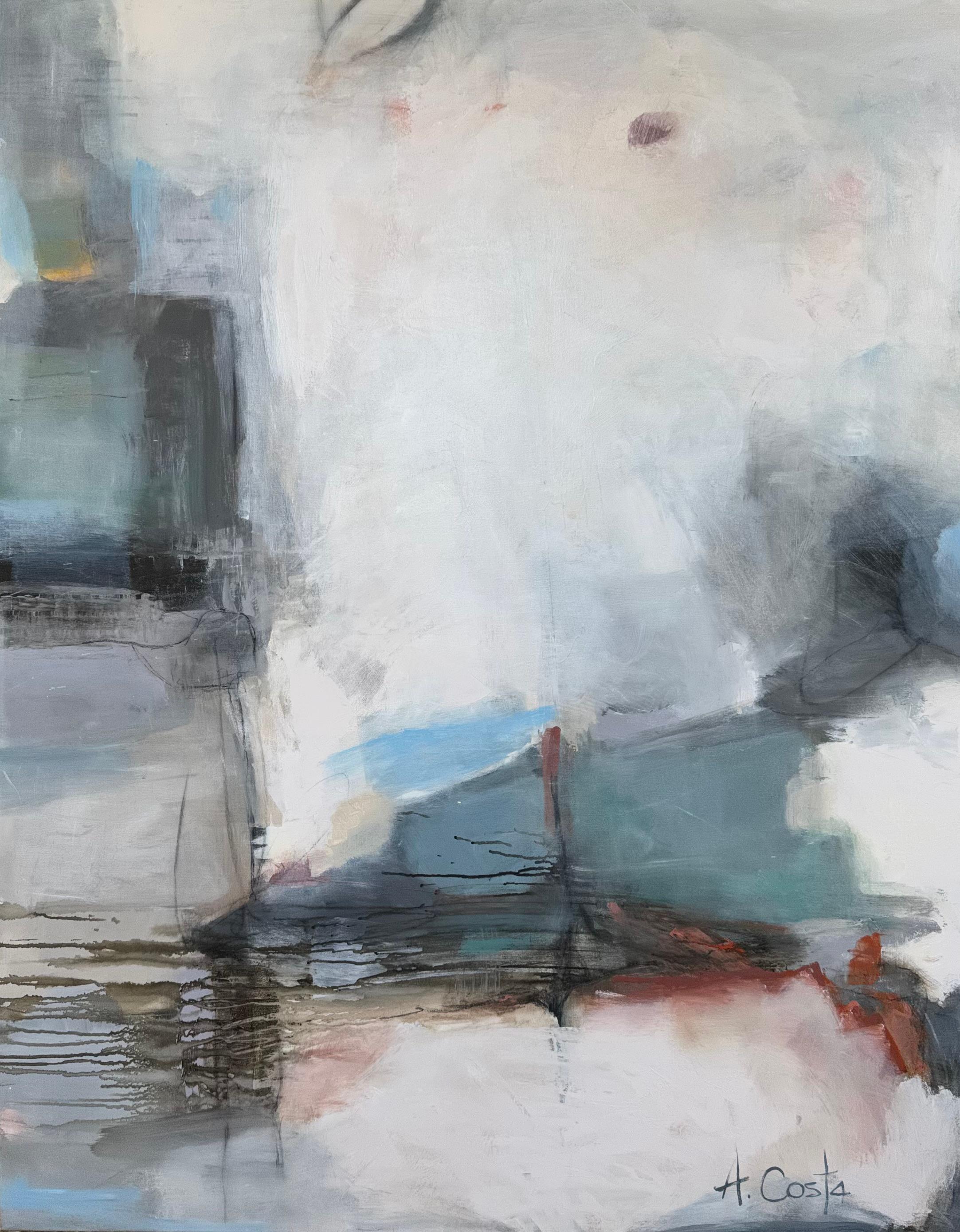 Tight Squeeze di Andrea Costa, pittura ad olio astratta con verde e blu