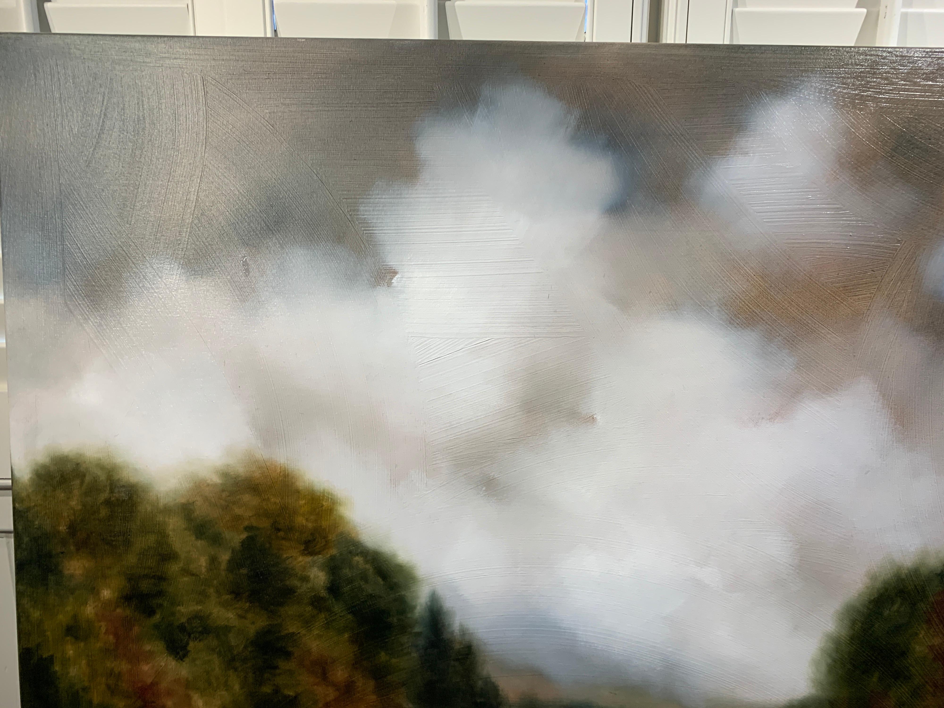 'Whispering Meadow' is a large Impressionist oil on gessoed canvas landscape painting created by American artist Andrea Costa in 2020. Featuring a soft and warm palette palette mostly made of grey, rust, green light blue and white colors, this