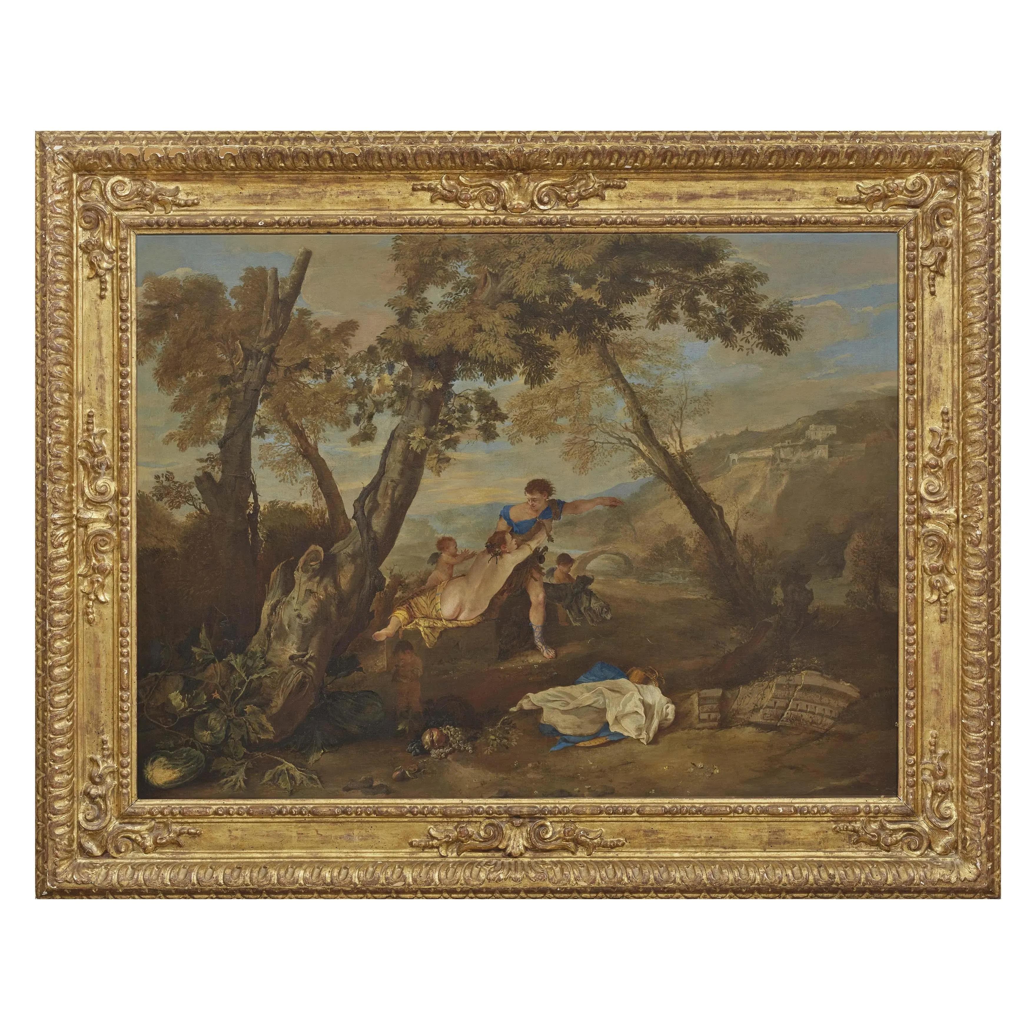 Andrea De Lione (Naples, Italy, 1610-1685)
Title: Venus and Adonis 
Medium: Oil on canvas
Dimensions: without frame 78 x 102 – with frame 103 x 129 x 6.5 cm
Signed on the ruined architectural element “Andrea D Lyon F.”

Provenance: Rome (Italy),