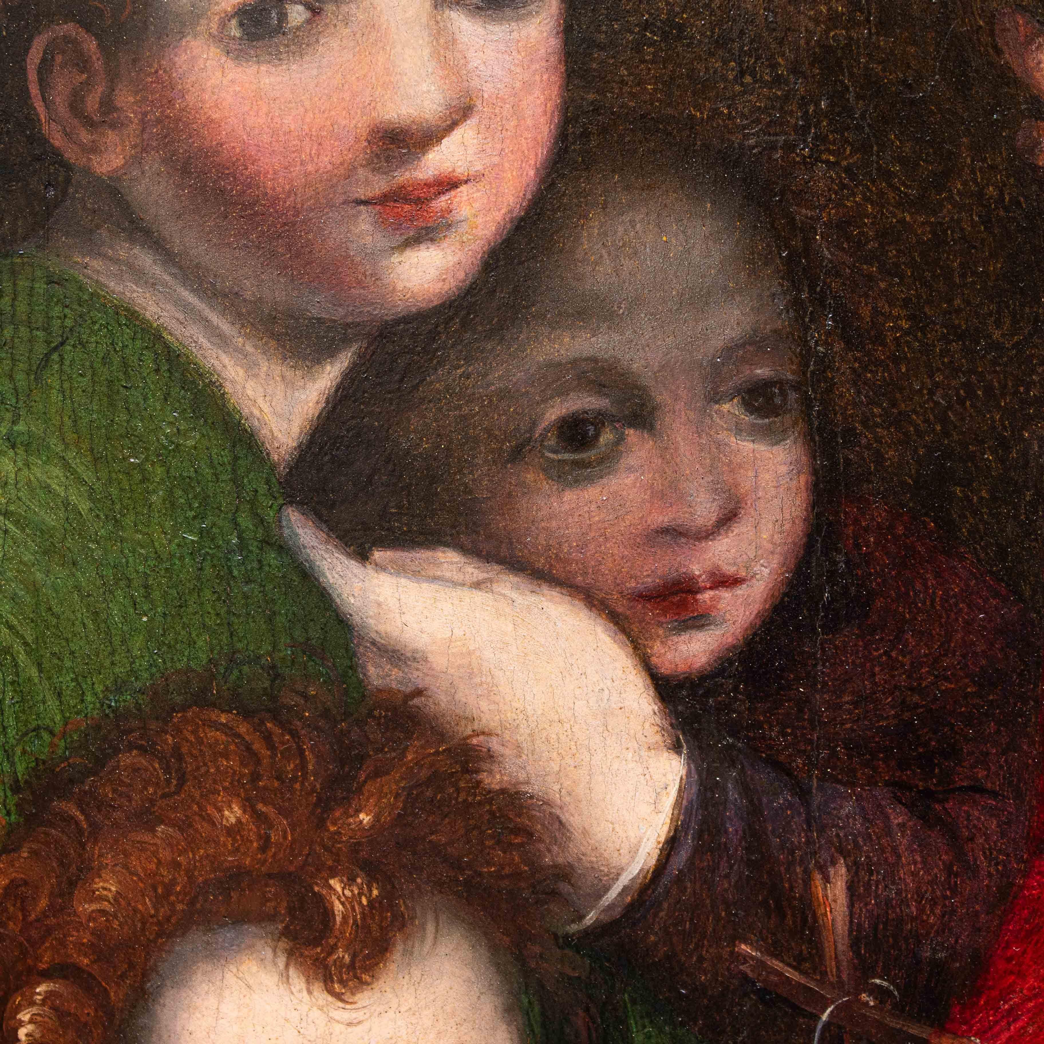 Anhänger von Andrea del Sarto (Florenz, 16. Juli 1486 - Florenz, 29. September 1530)

Madonna mit Kind, Johannes und zwei Engeln

Öl auf Tafel, 73 x 61,5 cm 

Mit Rahmen 100 x 90 cm

Francesco Bocchi, in seinem Discorso sopra l'Eccellenza dell'Opere