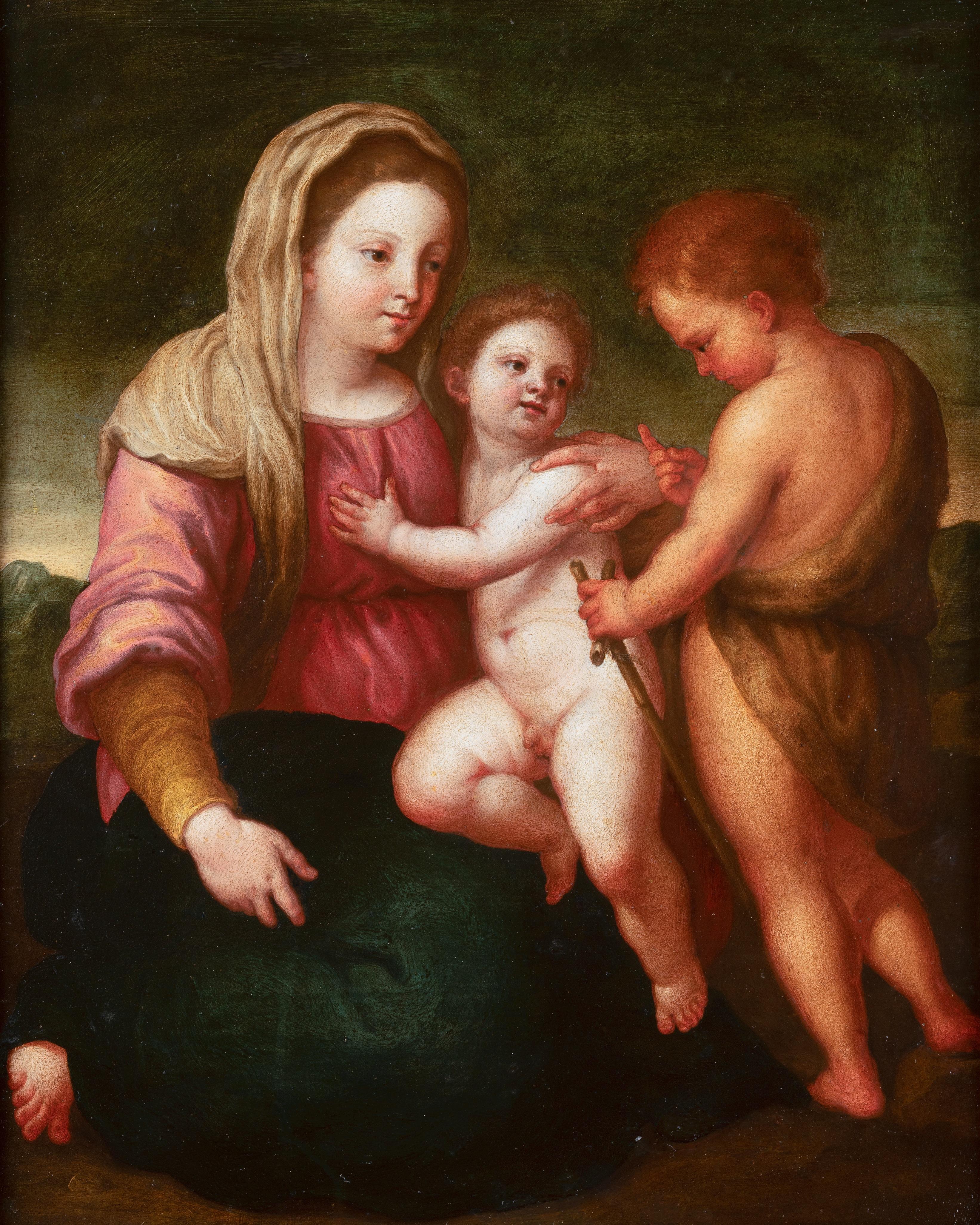 Virgen con el Niño y St. John, óleo sobre mármol, escuela florentina de finales del siglo XVI - Painting Antiguos maestros de Andrea Del Sarto 