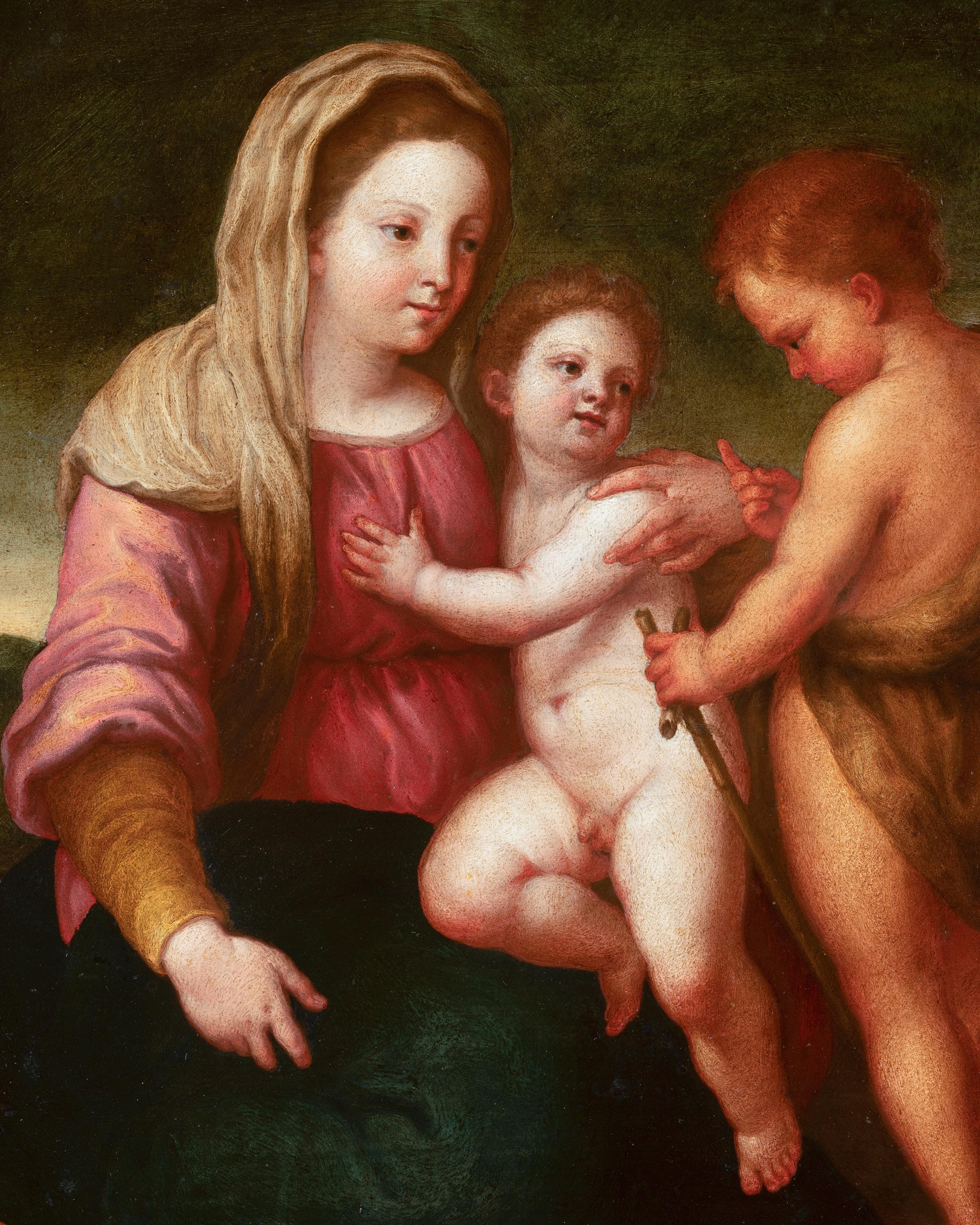 Virgen con el Niño y St. John, óleo sobre mármol, escuela florentina de finales del siglo XVI - Figurative Painting Marrón de Andrea Del Sarto 