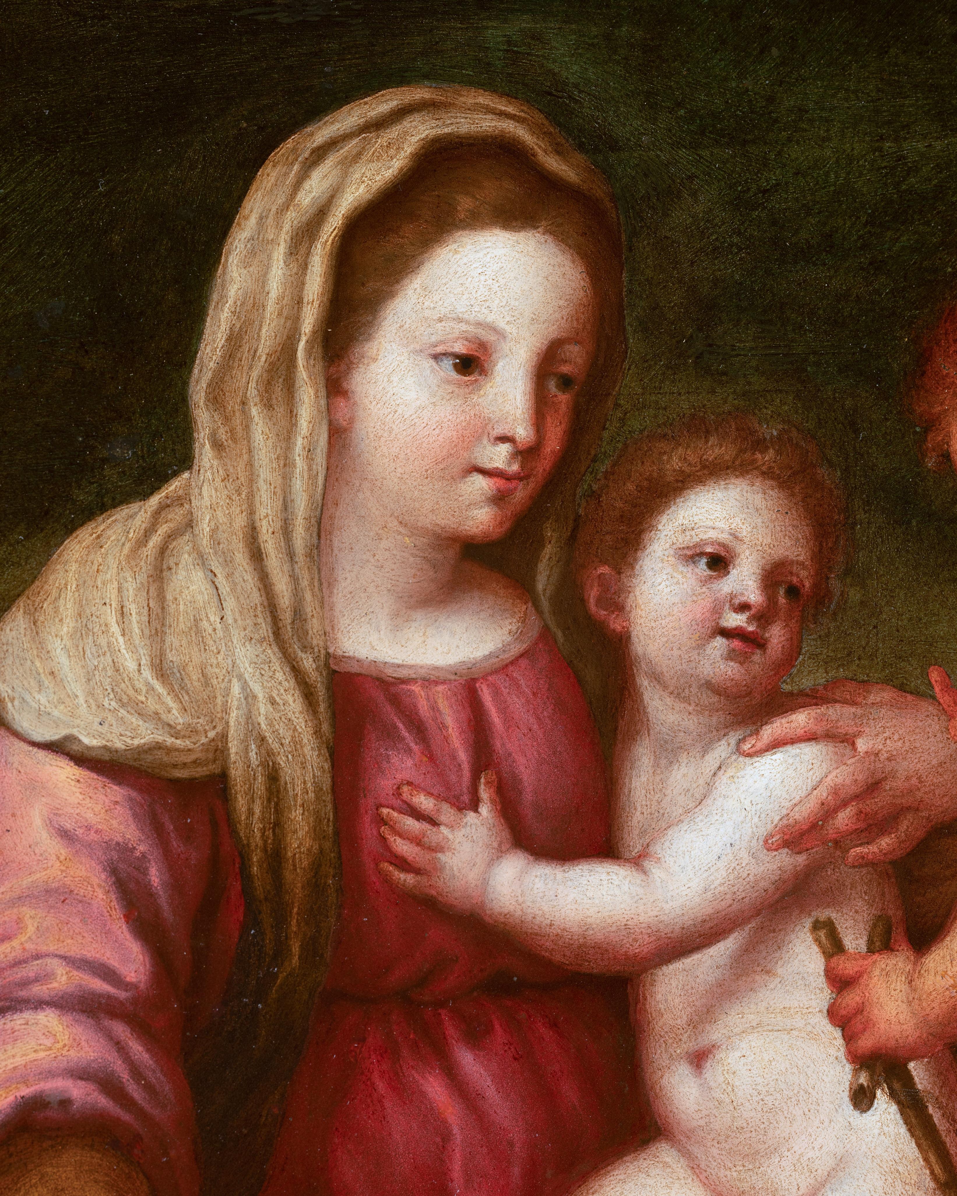 Virgen con Child & St. John, finales del s. XVI Escuela florentina
Finales del s. XVI Escuela florentina
Virgen con el Niño y San Juan Bautista
Óleo sobre mármol blanco,
h. 41,5 cm, Anch. 32 cm
Marco de madera dorada tallada Luis XIV del siglo
