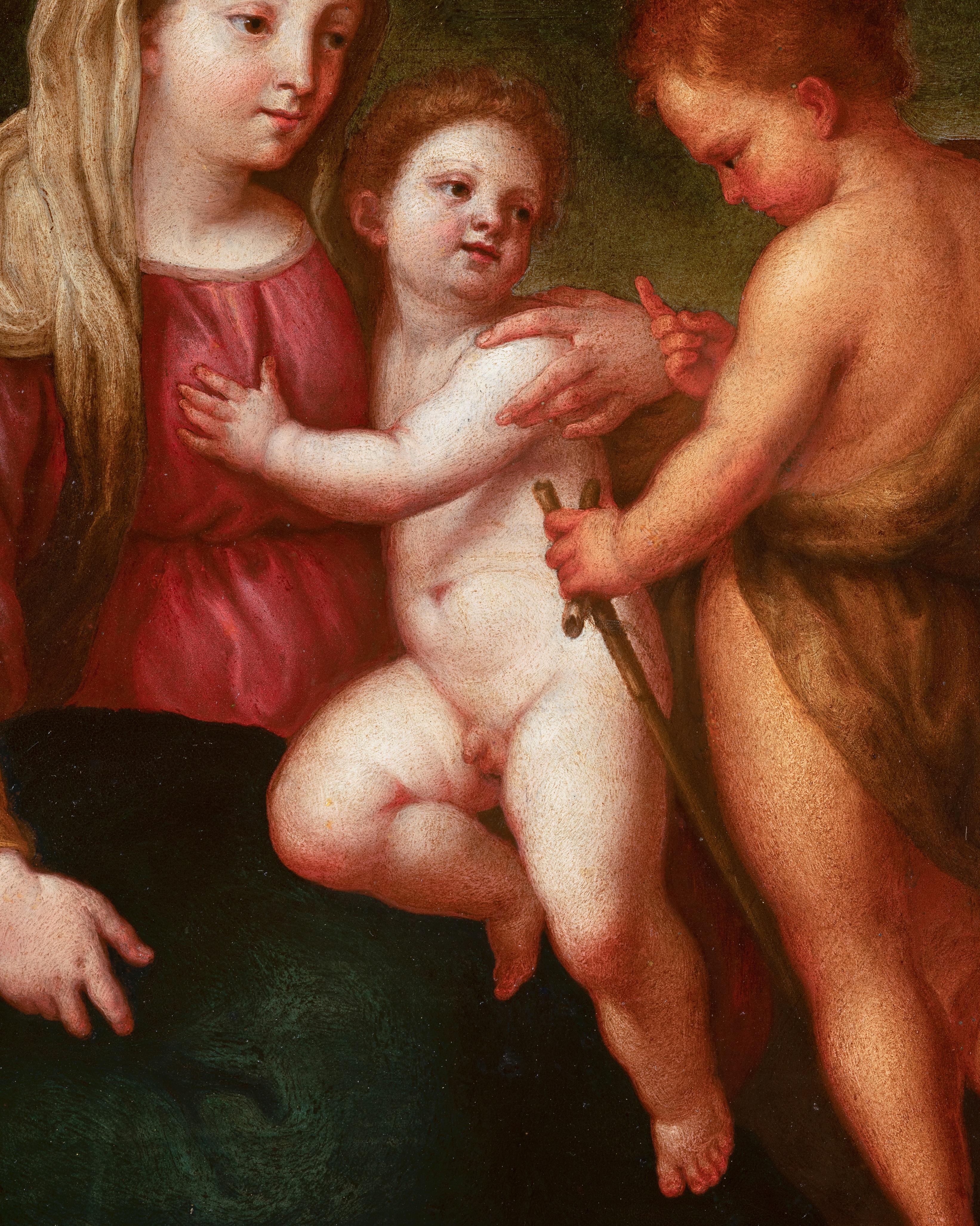 Virgen con el Niño y St. John, óleo sobre mármol, escuela florentina de finales del siglo XVI en venta 1