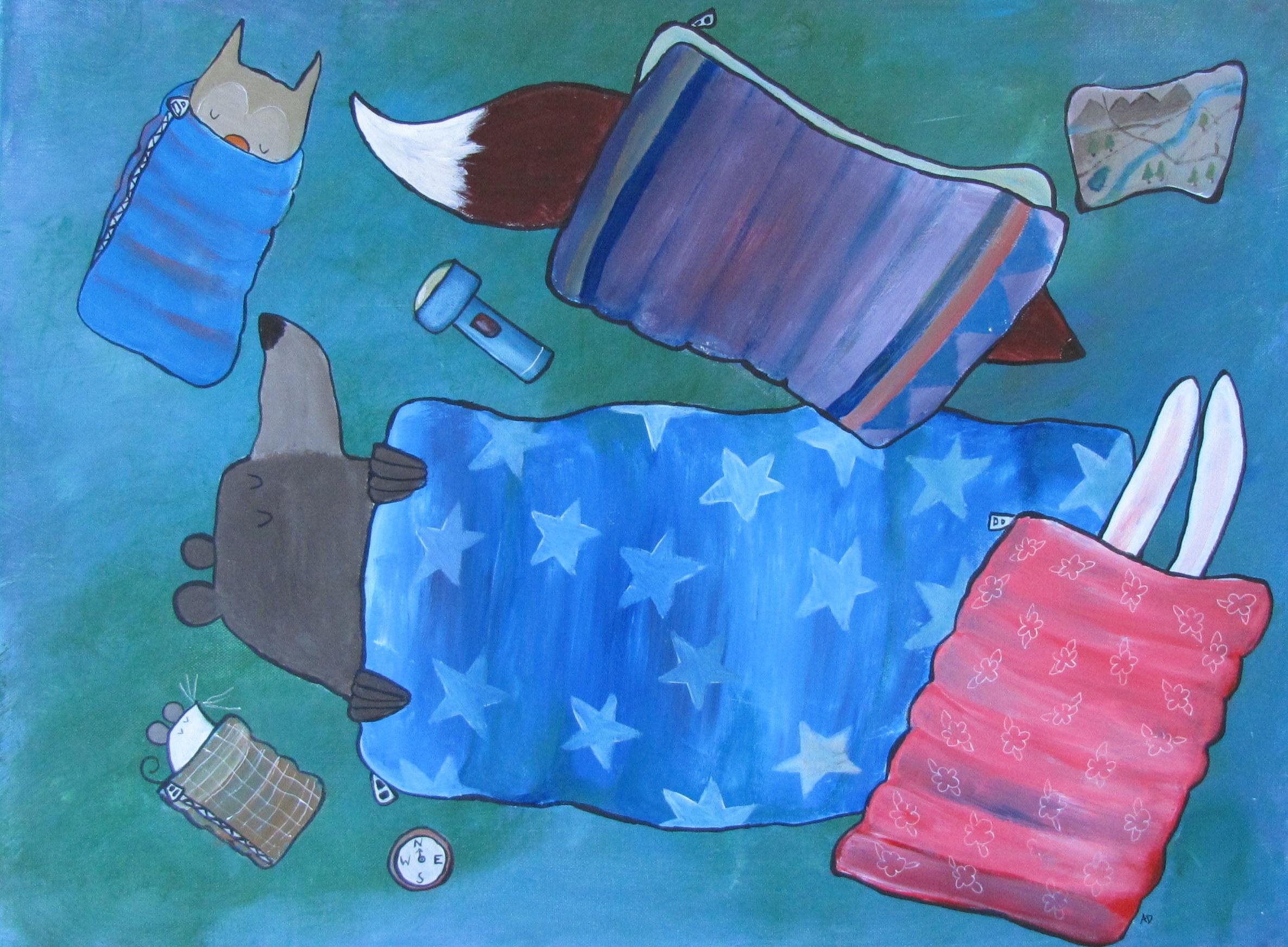 Andrea Doss Animal Painting - Sleeping Bag Party, Original Painting