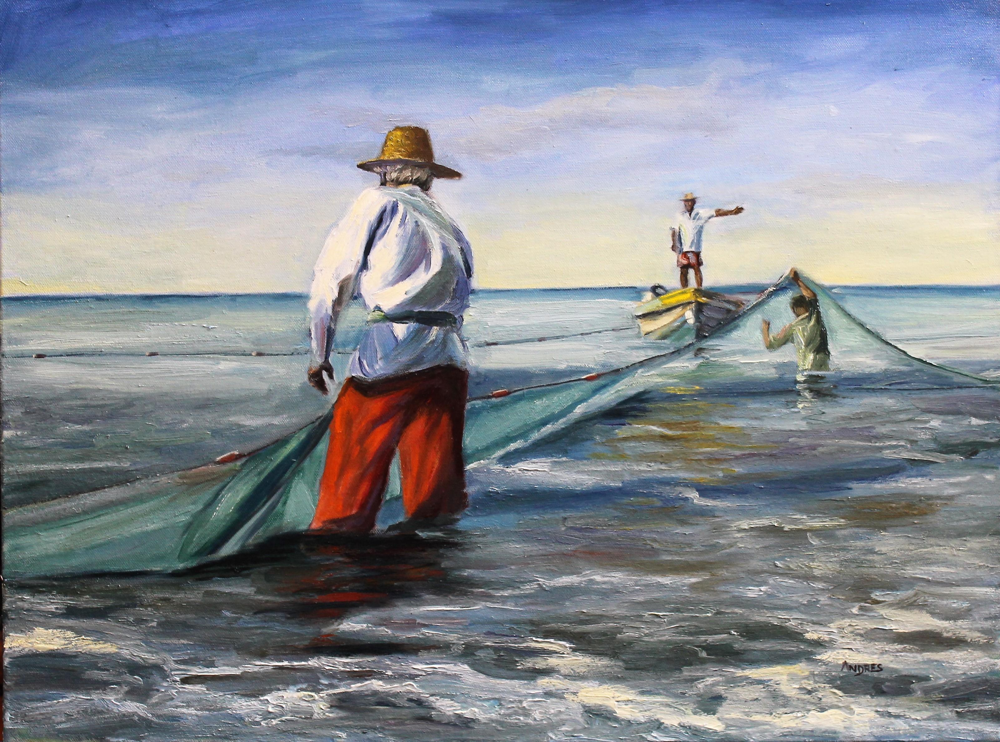Andres Lopez Figurative Painting - Sun and Nets, Oil Painting