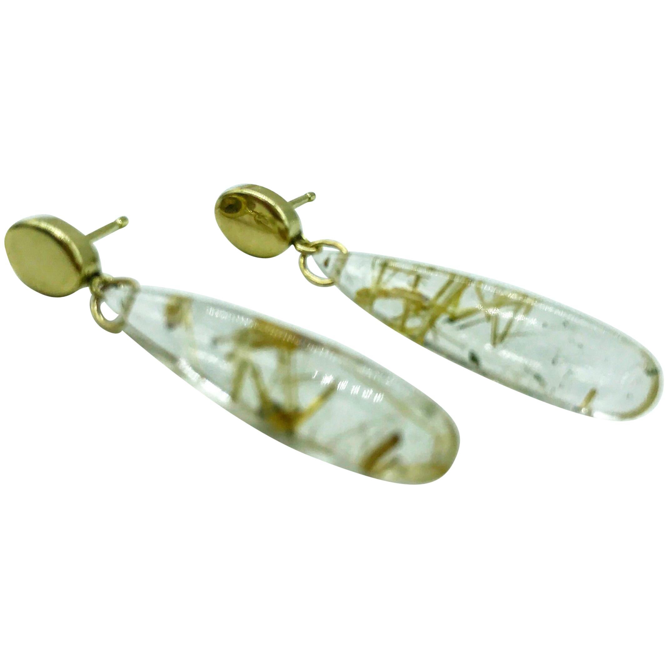 Andrea Estelle Golden Rutilated Quartz Drop Briolette 10 Karat Gold Earrings For Sale
