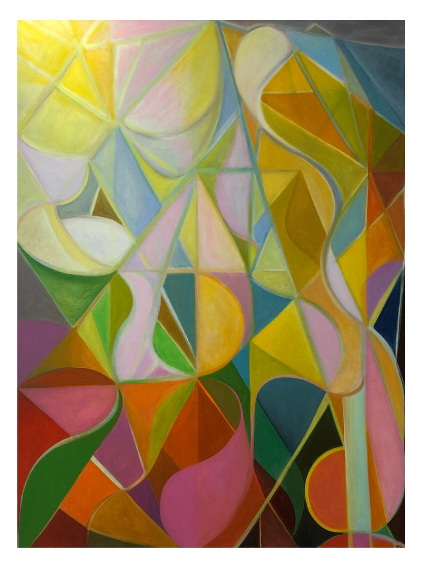 "Body Moves" Geometrisches abstraktes Gemälde, Öl auf Leinen, Vivid Colors – Painting von Andrea Ferrigno