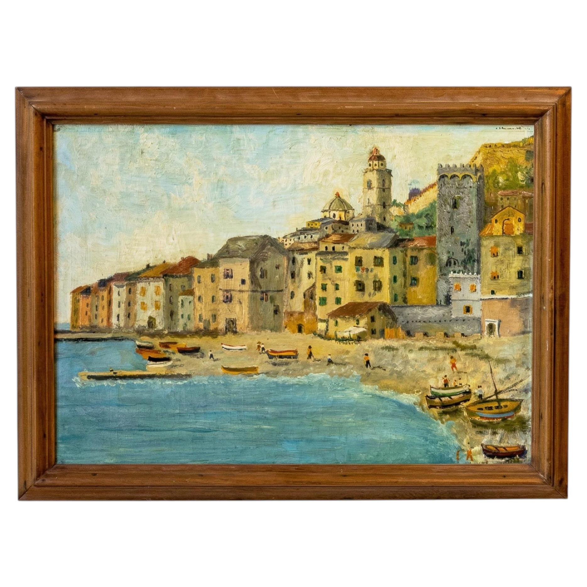 Andrea Folis, Ligurian Coast, Early 1900s Oil on Panel For Sale