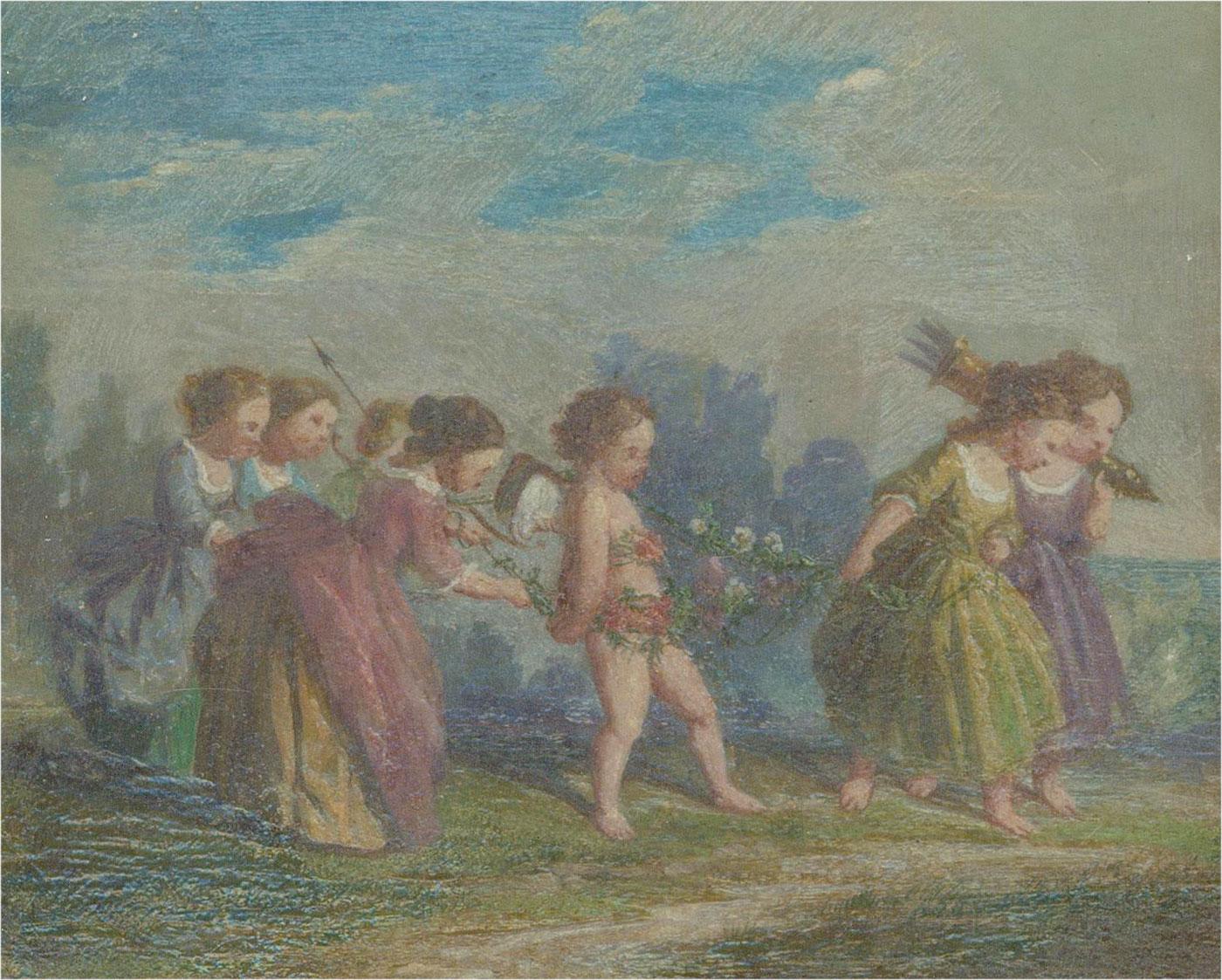 This accomplished allegorical scene depicts the story in Anacreon’s Ode where Cupid is captured by the Muses. Entwined in a chain of flowers, the Muses lead cupid to captivity, where he grows so accustomed to their servitude that Venus was unable to