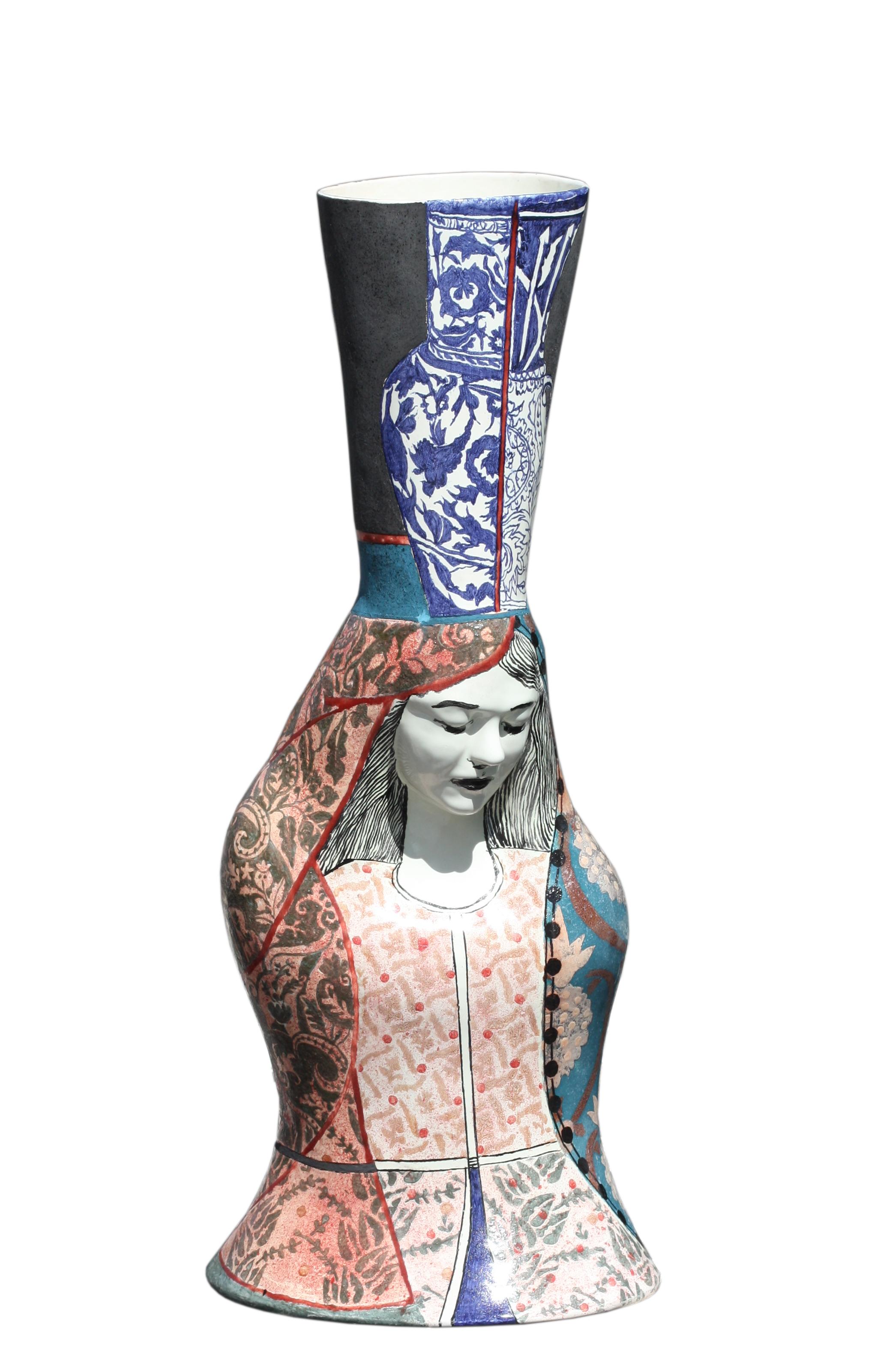 
Andrea Gill, (American, 20th Century)
Ming Mecca, Madonna Series,
painted pottery, signed, dated 2006
Height 32 in., Width 13 in., Depth 10 in.

cf. Andrea Gill's decorated vases are functional forms that range into the realm of sculpture. While