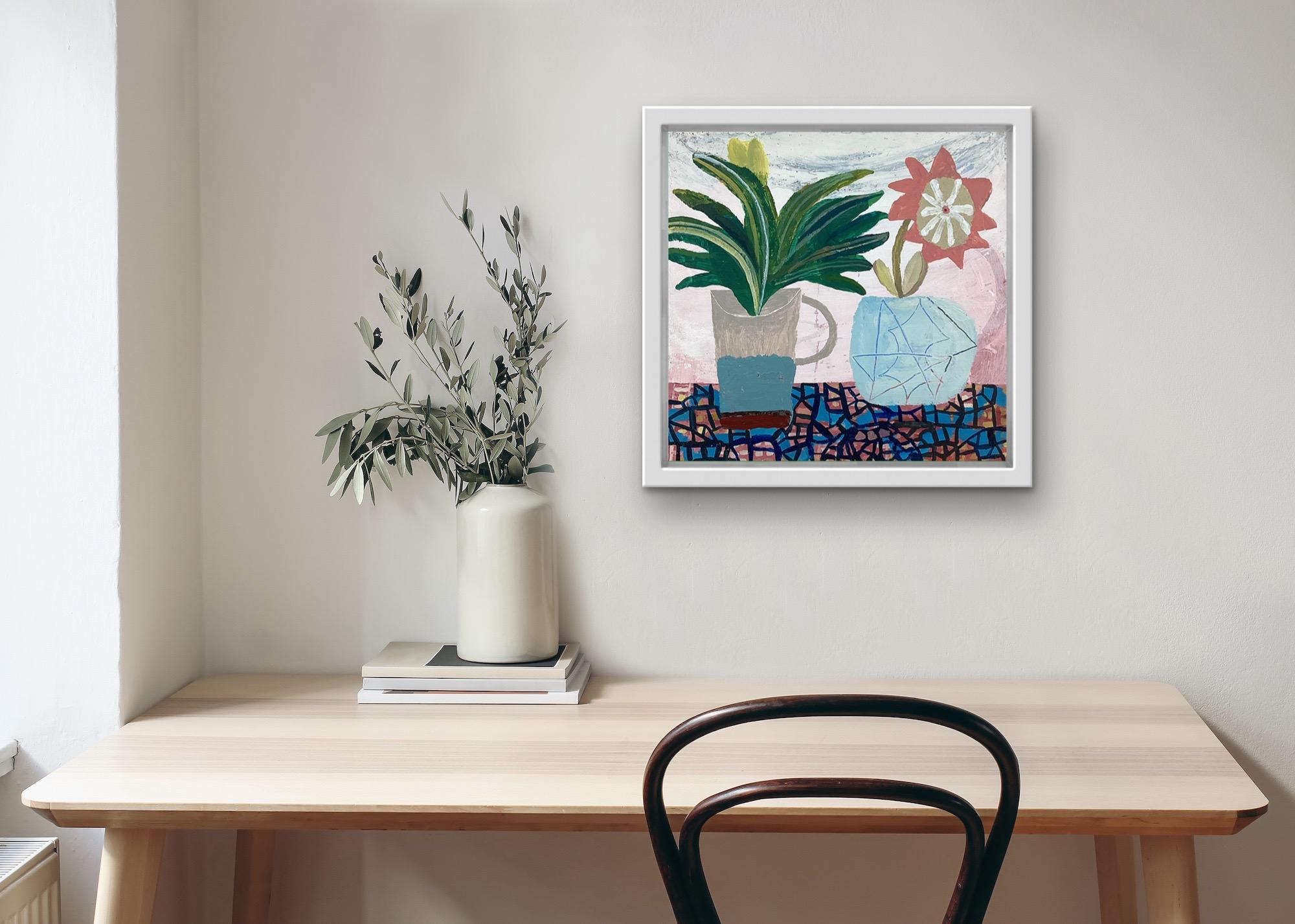 Still Life with Mozaic Table, original art, affordable art, floral art - Painting by Andrea Humphries