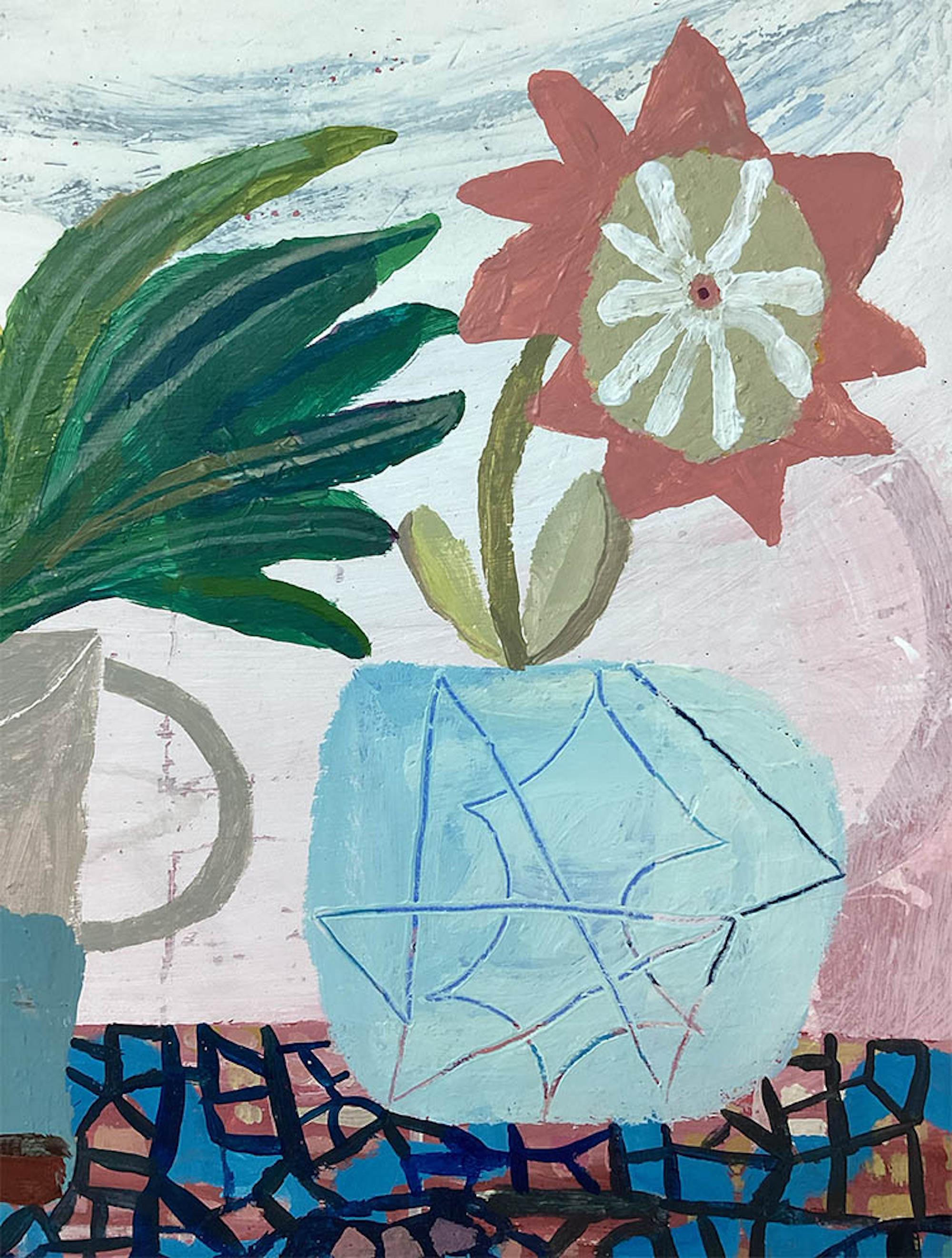 Stillleben mit Mosaik-Tisch, Originalkunst, erschwingliche Kunst, Blumenkunst (Zeitgenössisch), Painting, von Andrea Humphries