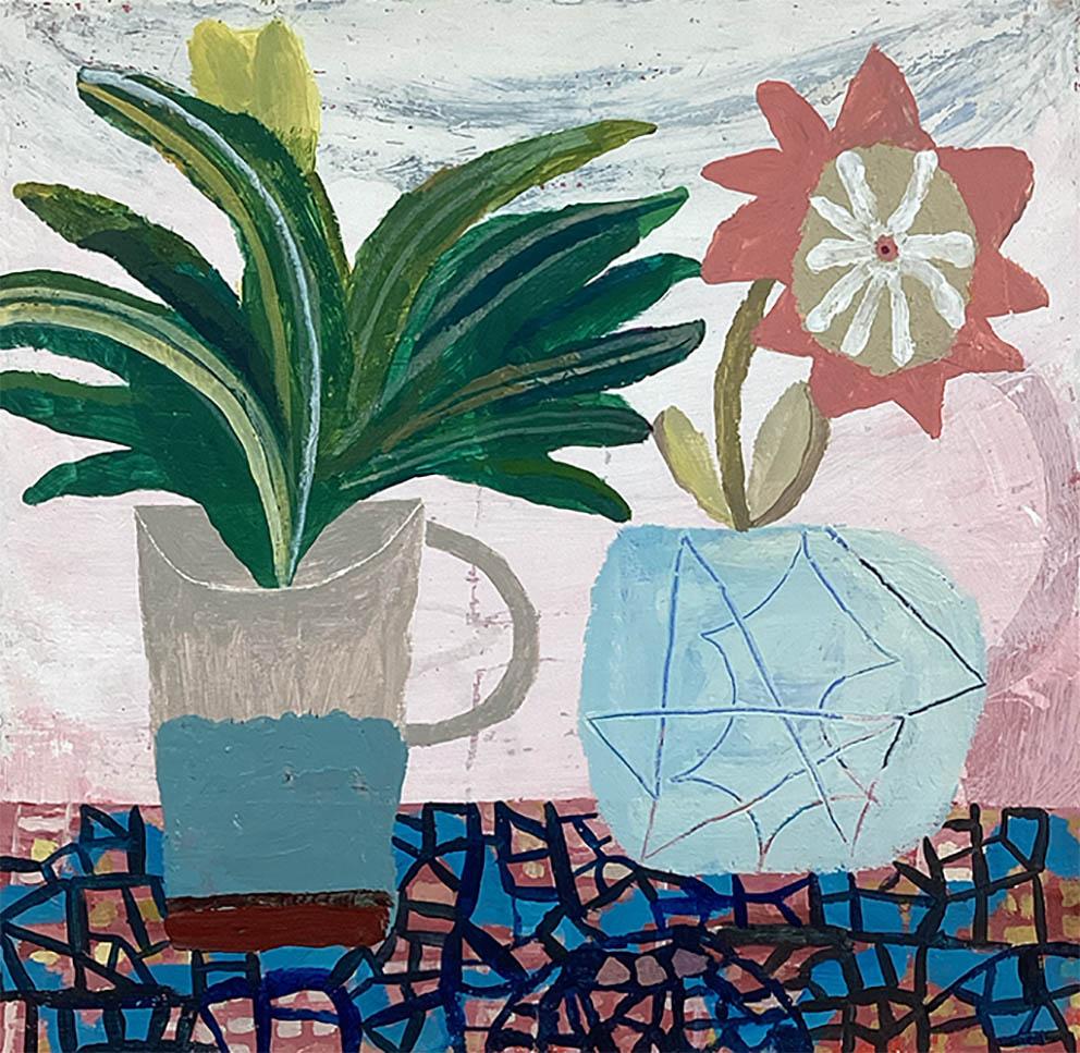 Andrea Humphries Still-Life Painting – Stillleben mit Mosaik-Tisch, Originalkunst, erschwingliche Kunst, Blumenkunst