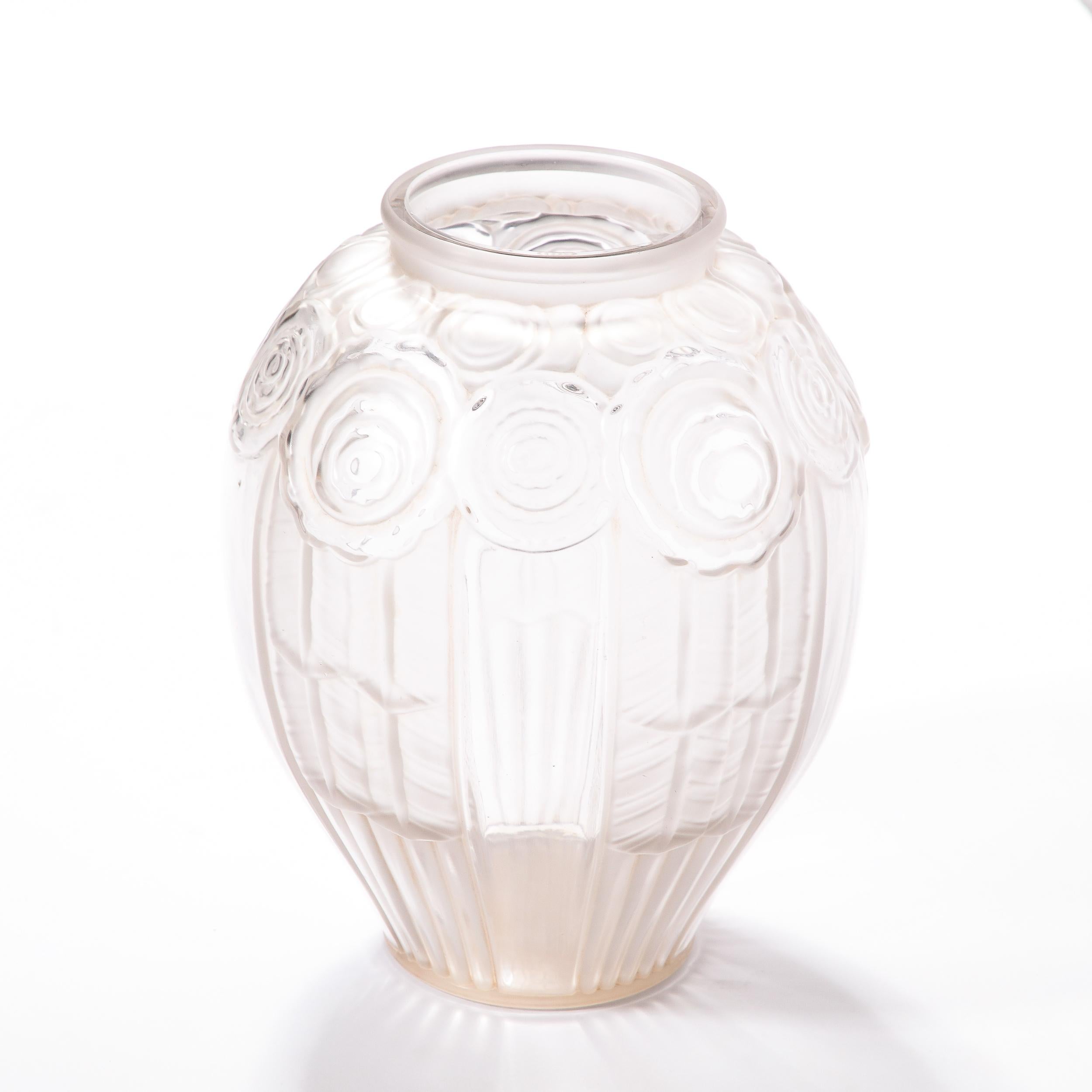 Art Deco Andrea Hunebelle Translucent Frosted Tinted Glass Vase with Rose Detailing