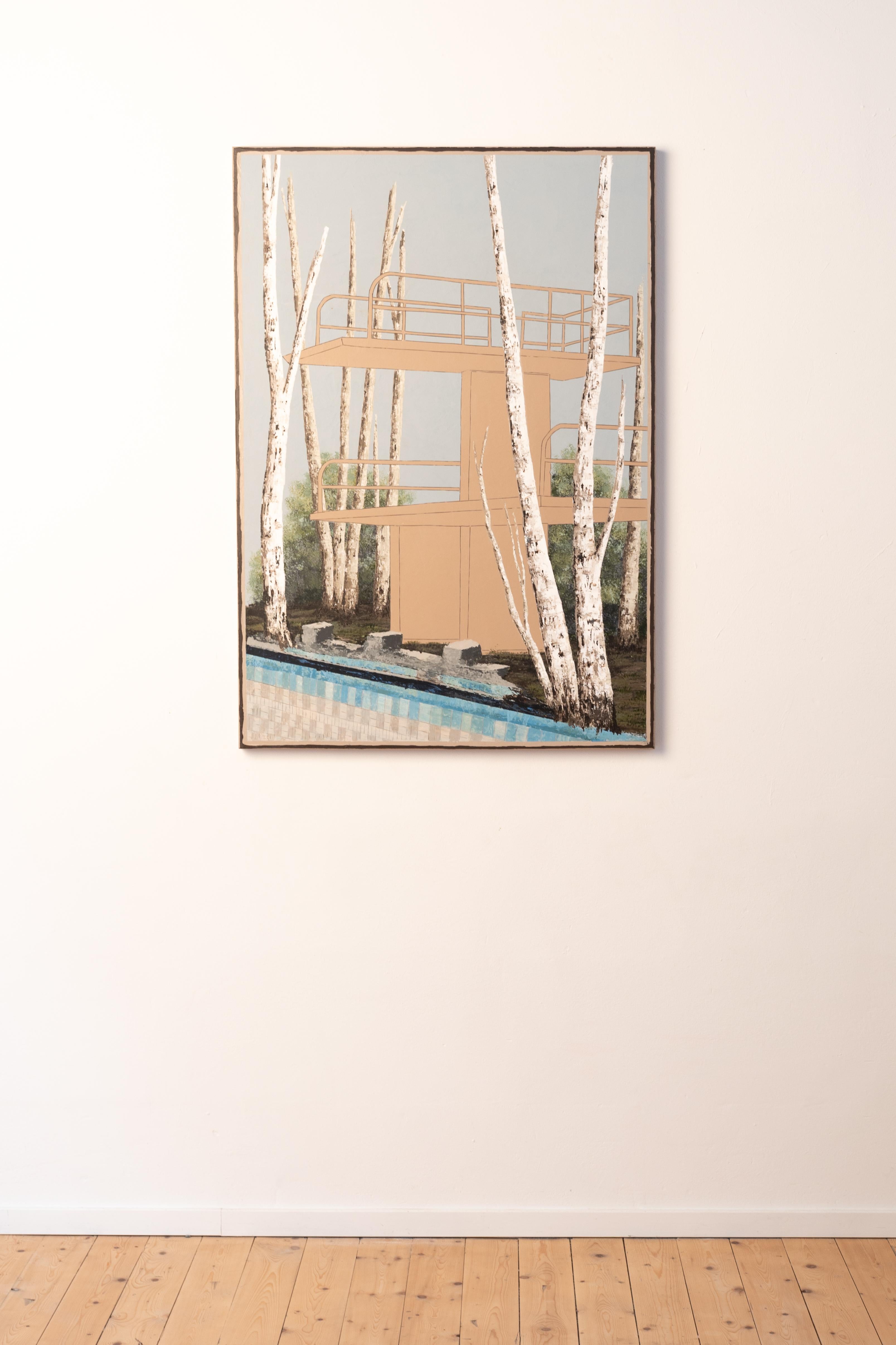 Andrea Imwiehe Landscape Painting - Childlike Magic 81 - oil on panel painting of birches & abandoned swimming pool