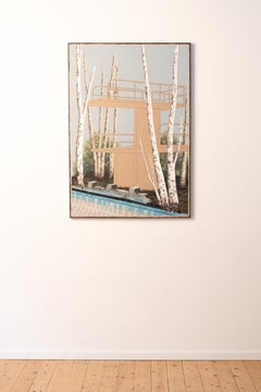Childlike Magic 81 - oil on panel painting of birches & abandoned swimming pool