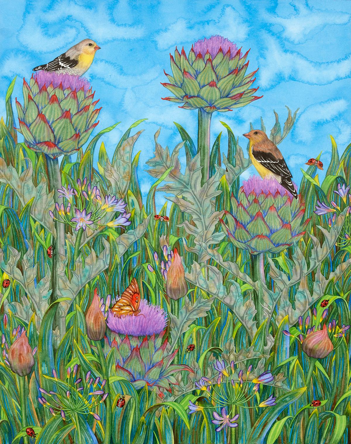 Thistles and Finches - Painting by Andrea Johnson