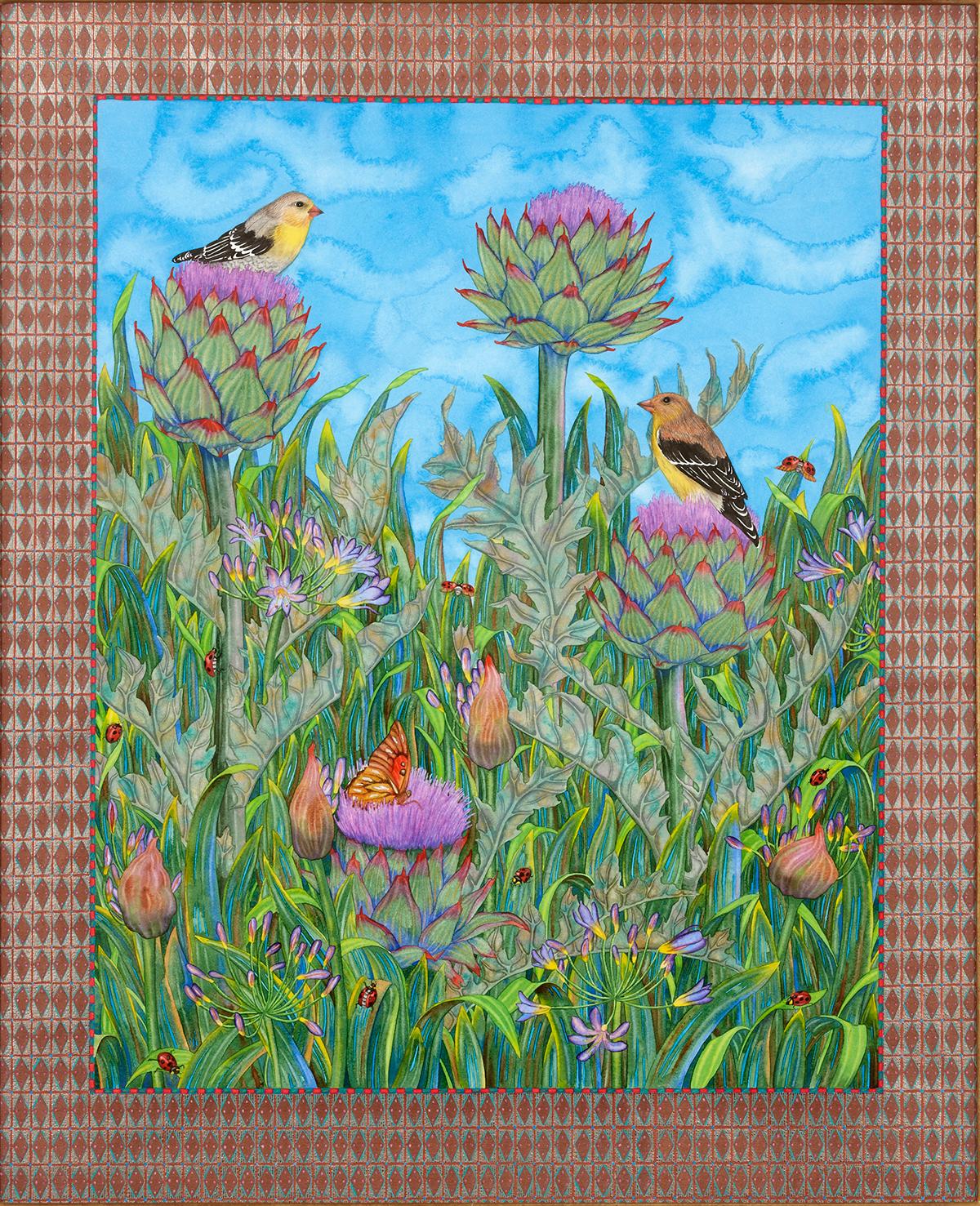 Andrea Johnson Animal Painting - Thistles and Finches