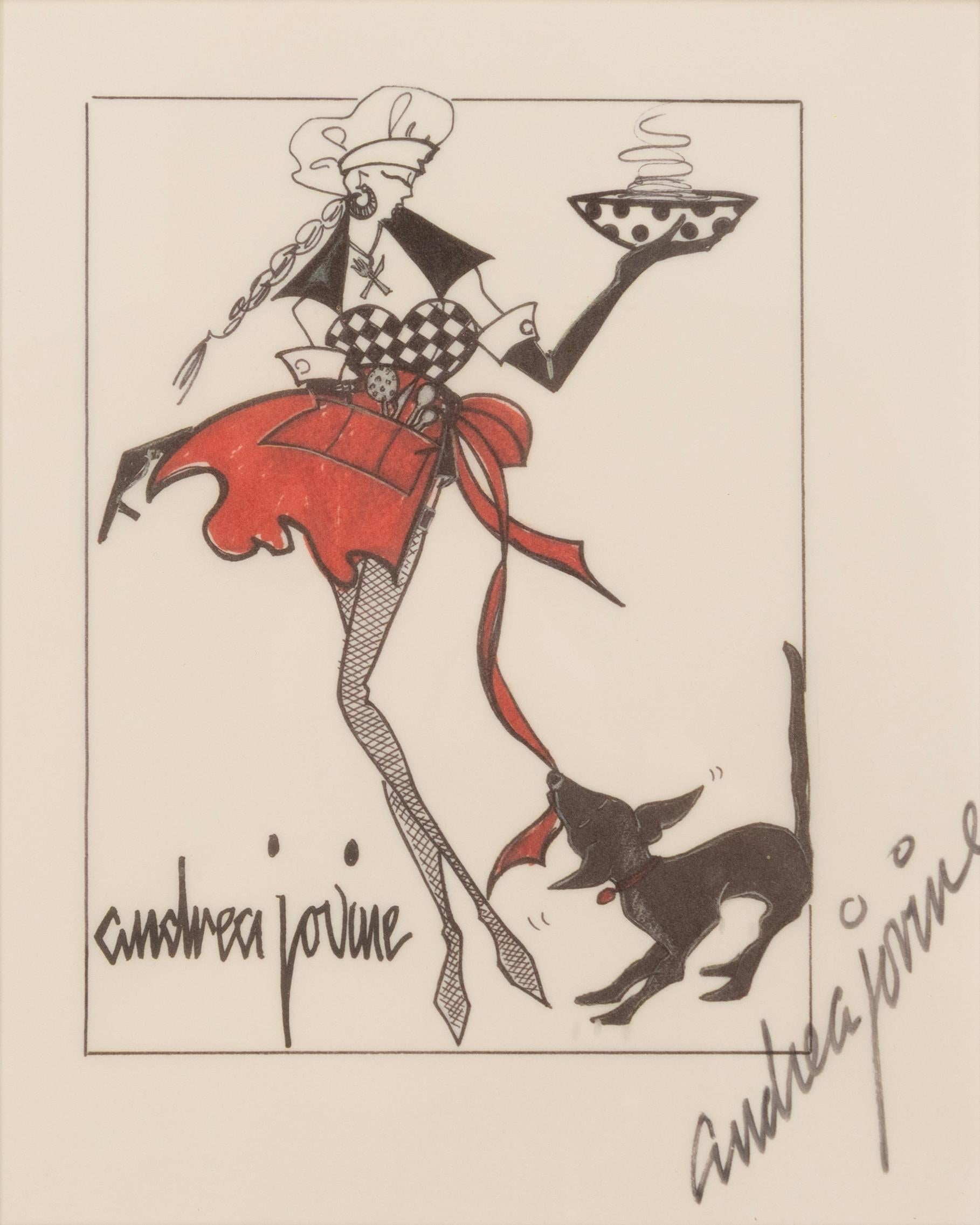 Un'illustrazione di moda vintage dello stilista Andrea Jovine, realizzata con pennarello a colori e inchiostro su carta. Firmato a mano in basso a destra. La giocosa composizione presenta una donna chef stilizzata con un'audace gonna rossa,