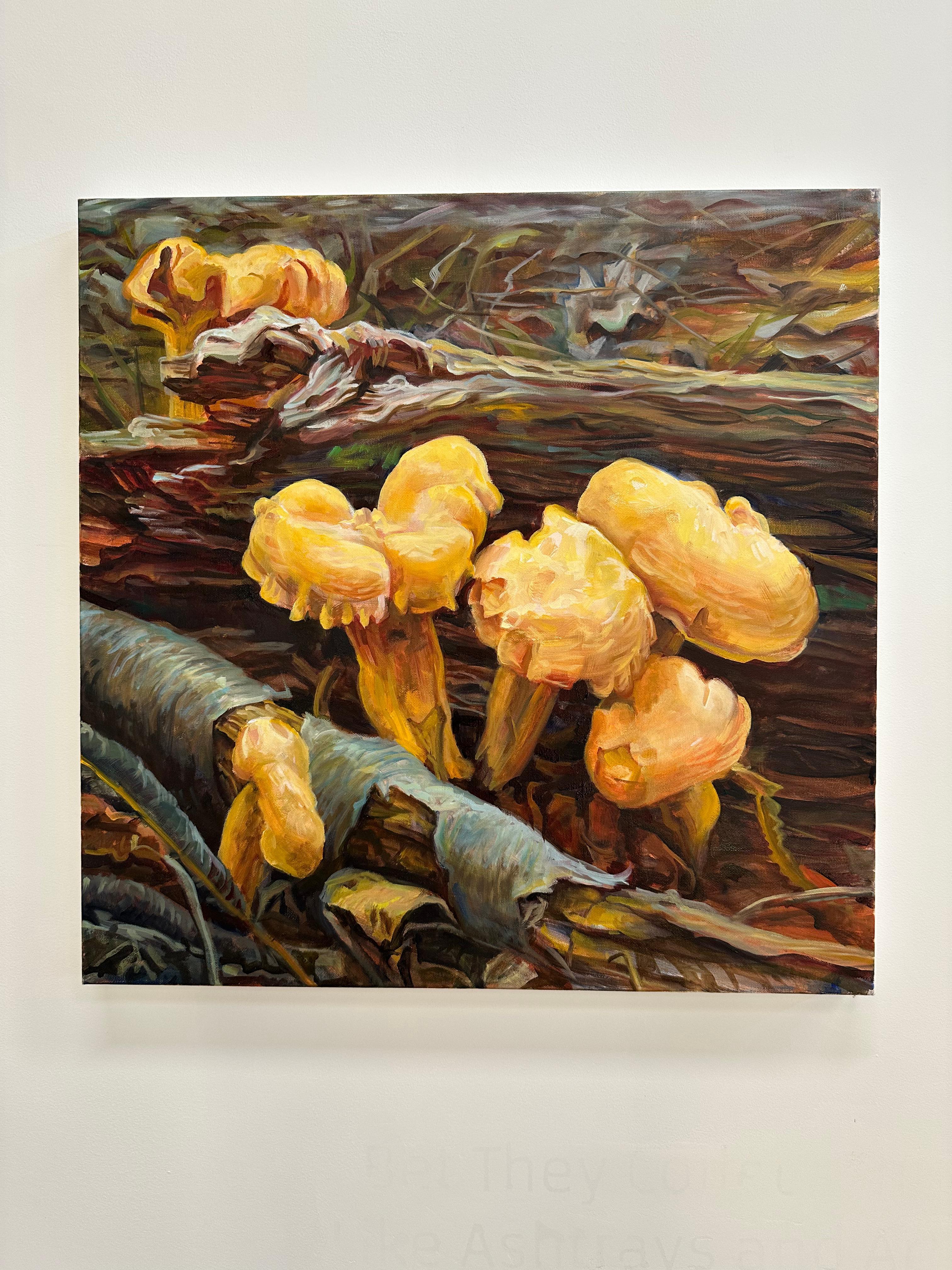 Chanterelles, Mushroom Fungi Still Life, Golden Yellow, Orange, Ochre, Brown - Painting by Andrea Kantrowitz