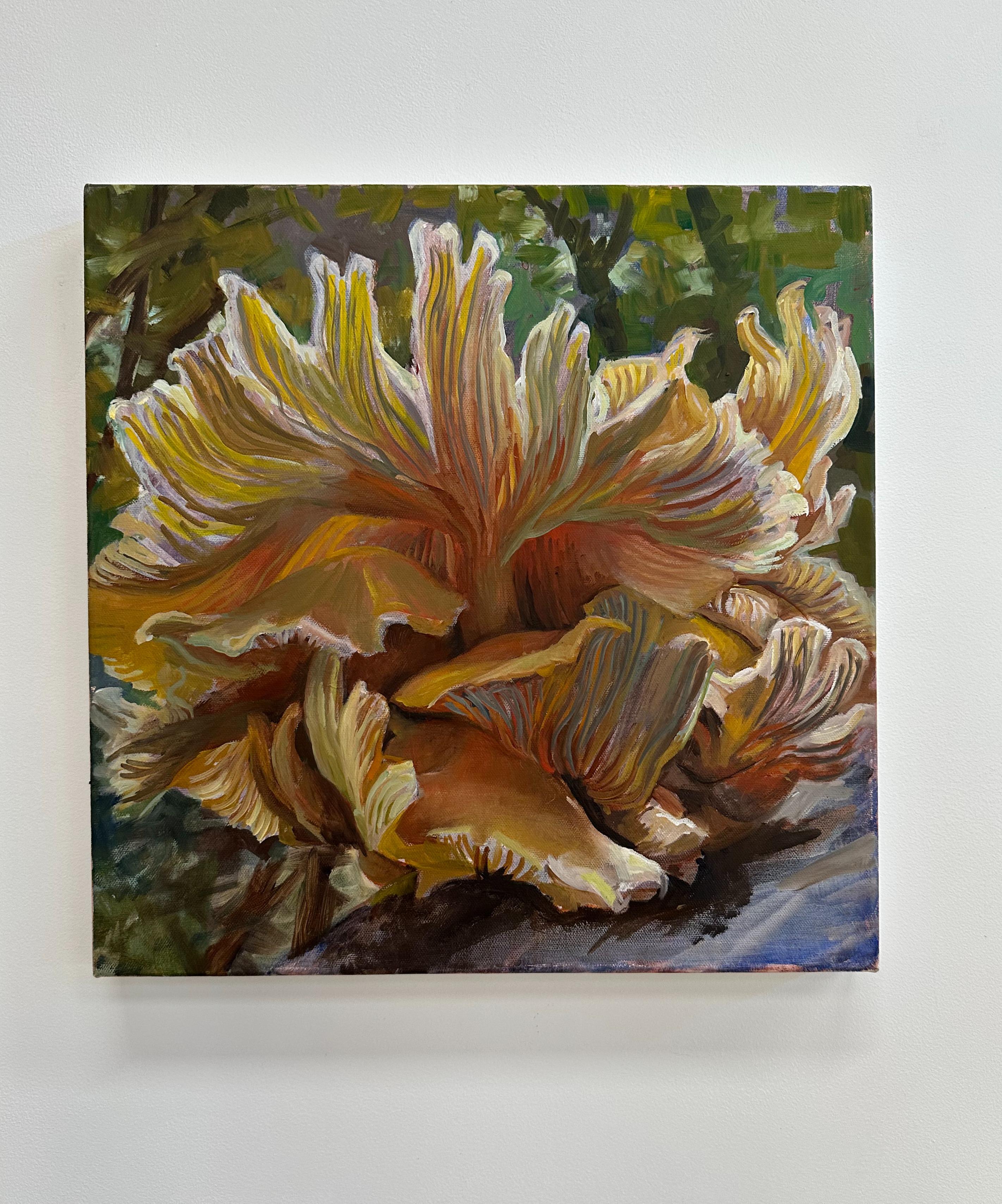 Study for Golden Oysters One, Mushroom Still Life, Yellow, Peach, Moss Green - Painting by Andrea Kantrowitz