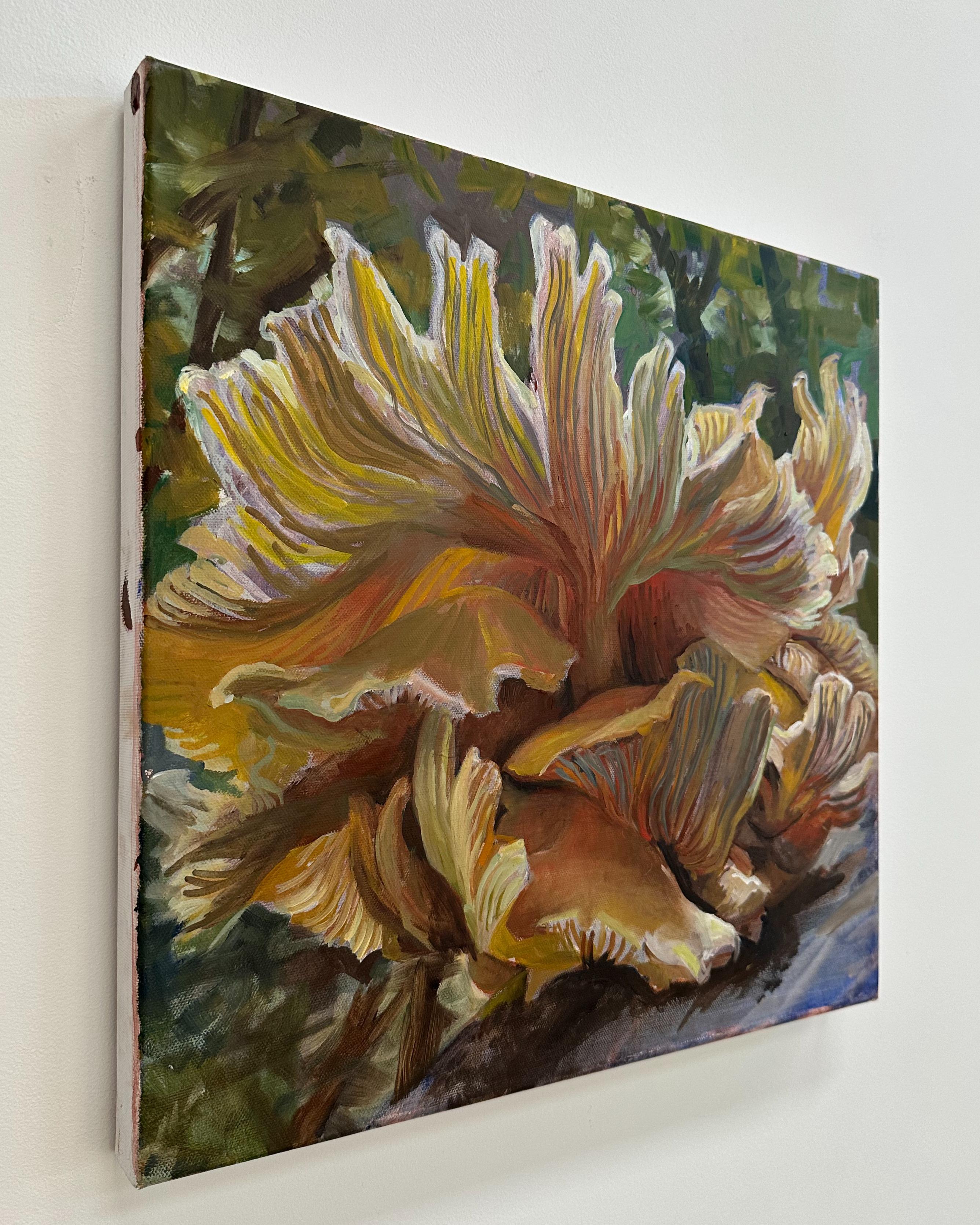 Study for Golden Oysters One, Mushroom Still Life, Yellow, Peach, Moss Green - Contemporary Painting by Andrea Kantrowitz