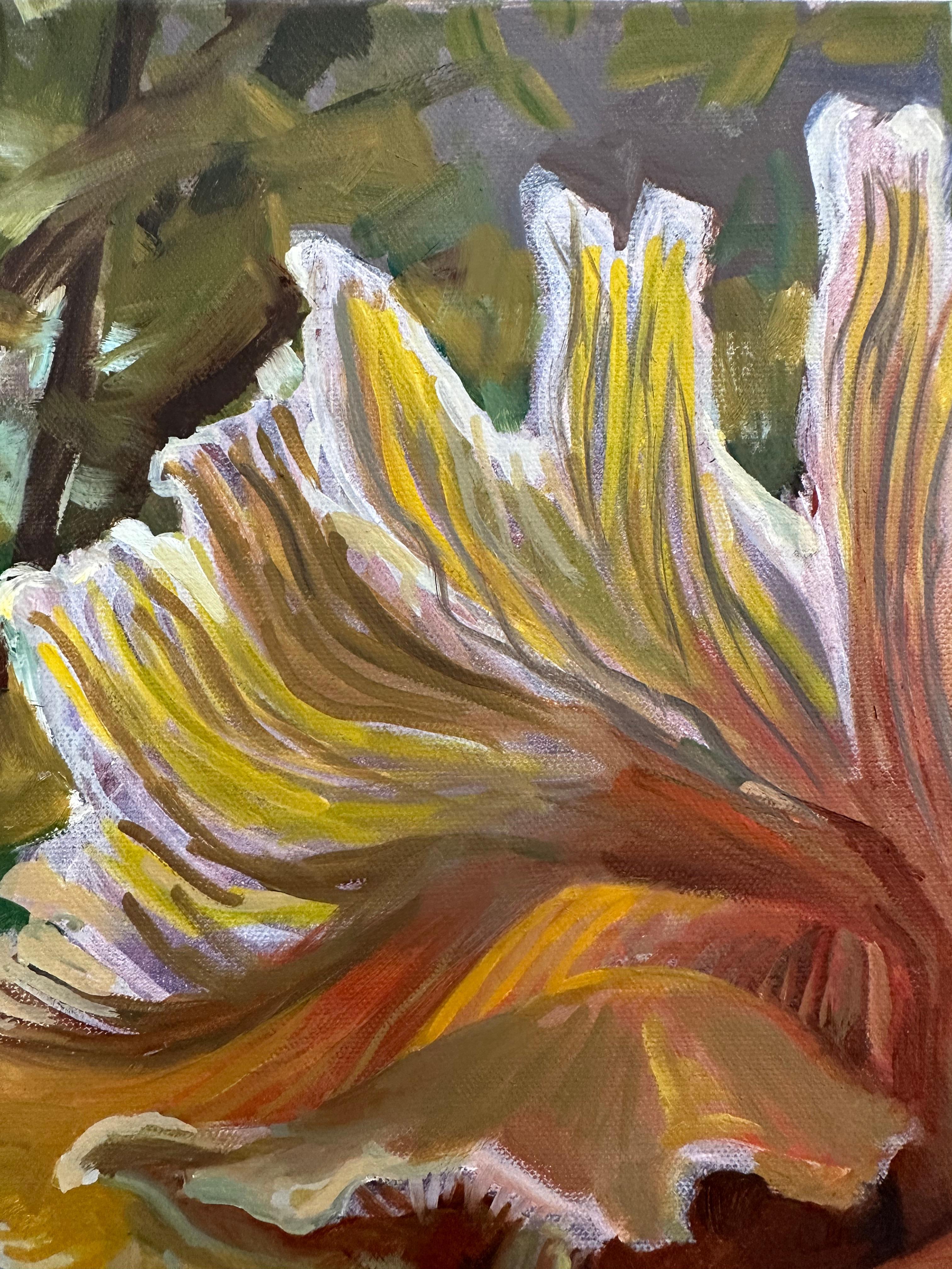 A golden oyster mushroom in hues of yellow, orange, and peach is masterfully painted, arranged in a dynamic, asymmetrical composition, luminous against an earthy brown and moss green background with hints of rich cobalt blue beneath the mushroom.