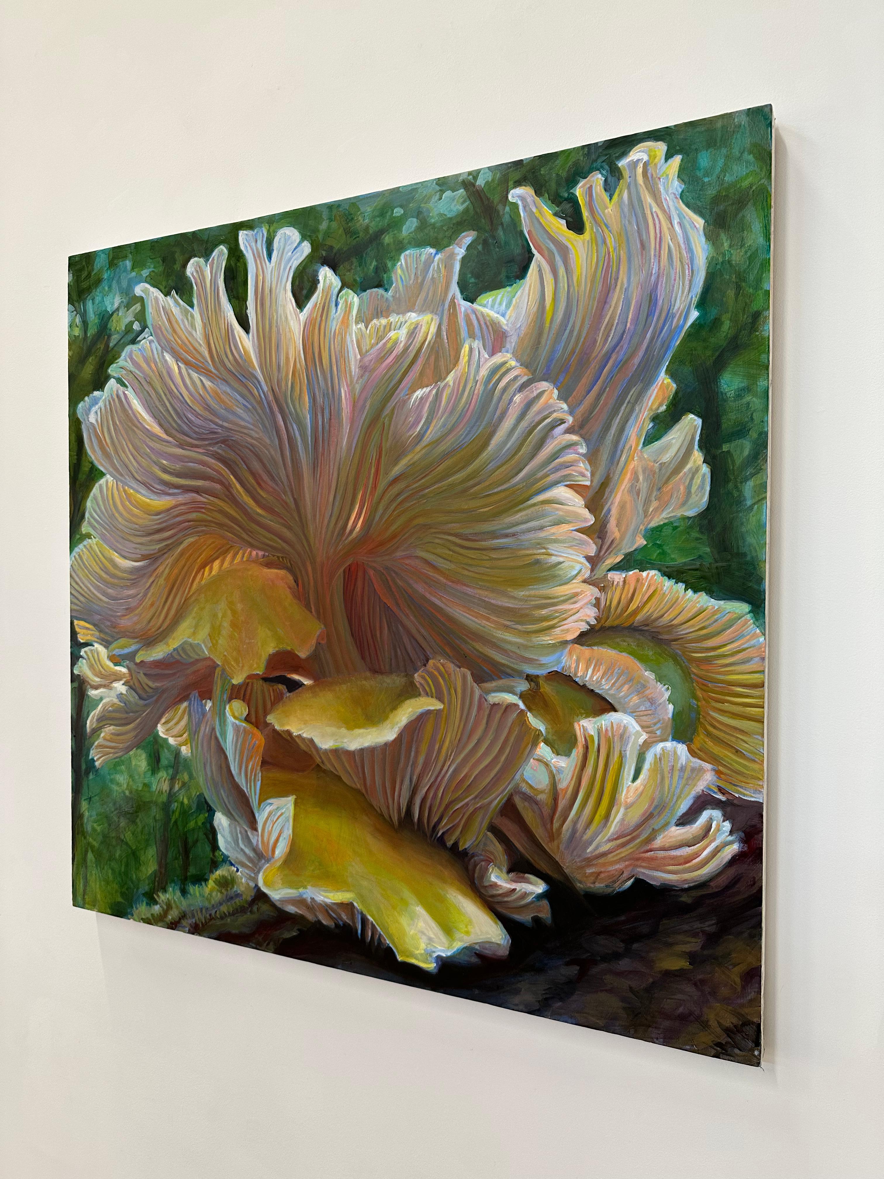 Golden Oysters One, Mushroom Fungi Still Life Painting, Yellow, Peach, Green For Sale 9