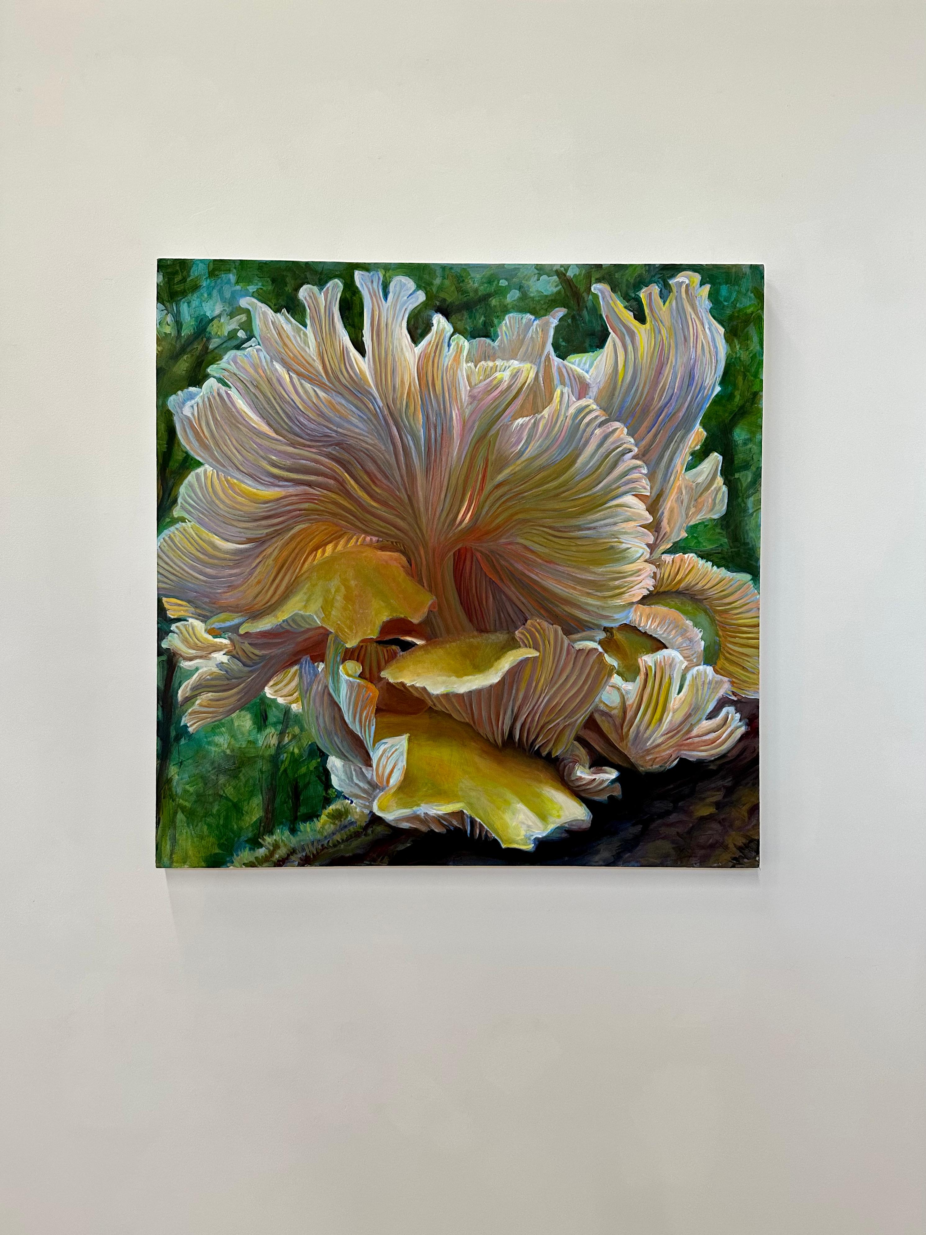 A golden oyster mushroom in hues of yellow, ochre, peach and orange is masterfully painted, arranged in a dynamic, asymmetrical composition, luminous against an emerald green background. Signed, dated and titled on verso.

Andrea Kantrowitz invites