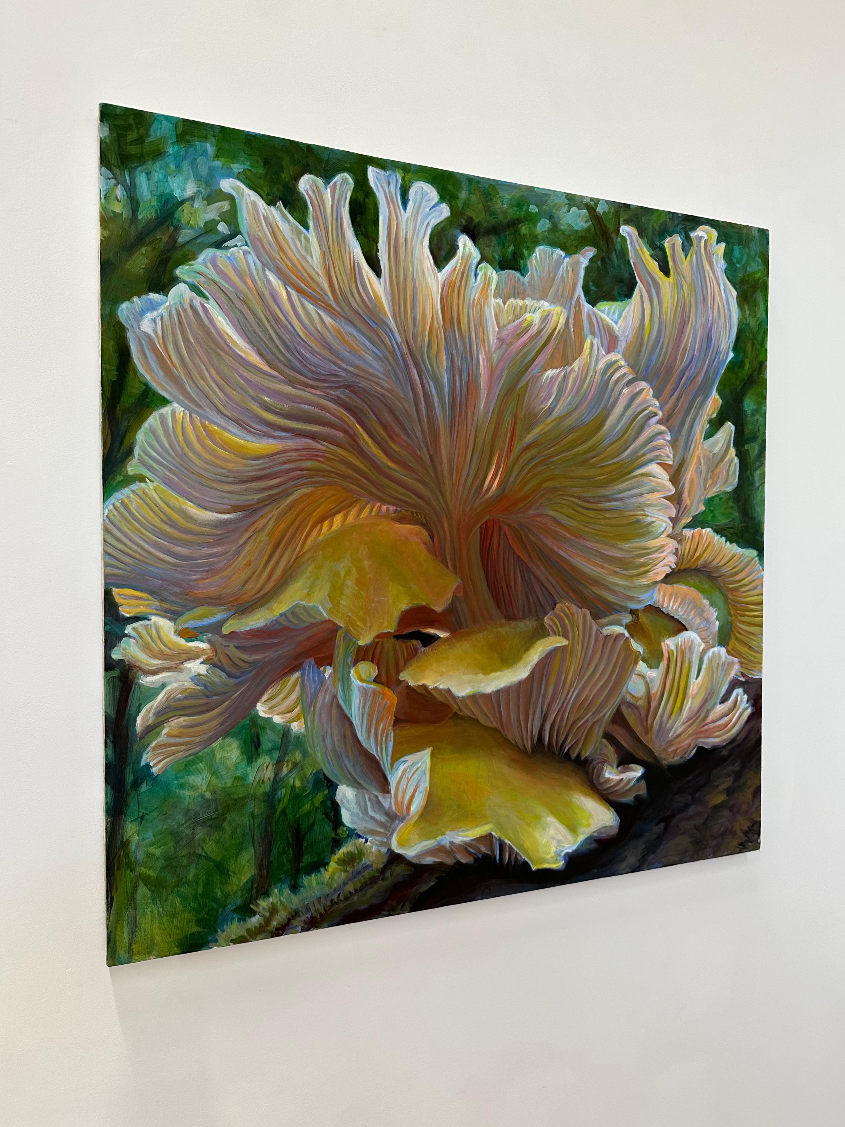 Golden Oysters One, Mushroom Fungi Still Life Painting, Yellow, Peach, Green For Sale 1