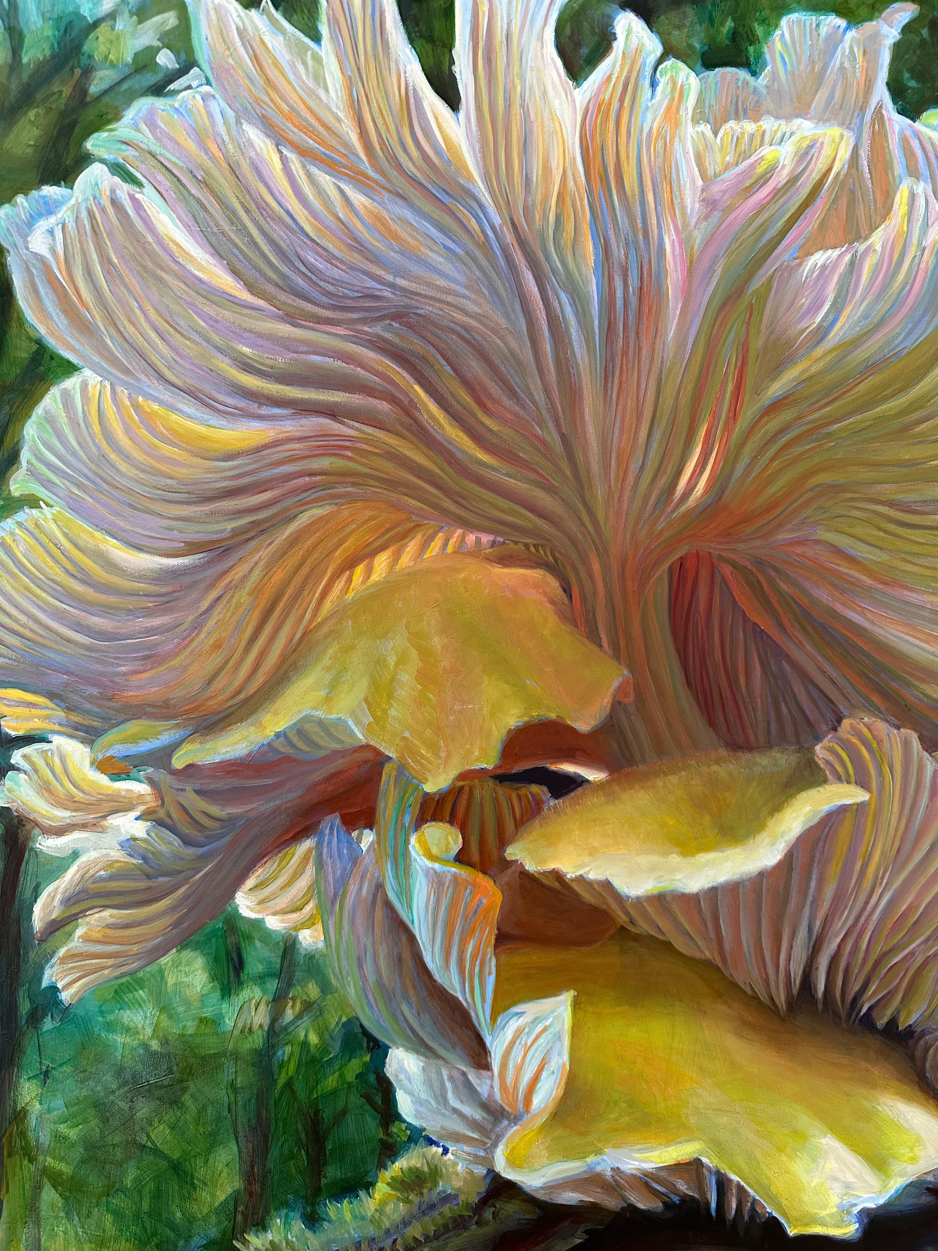 Golden Oysters One, Mushroom Fungi Still Life Painting, Yellow, Peach, Green For Sale 2