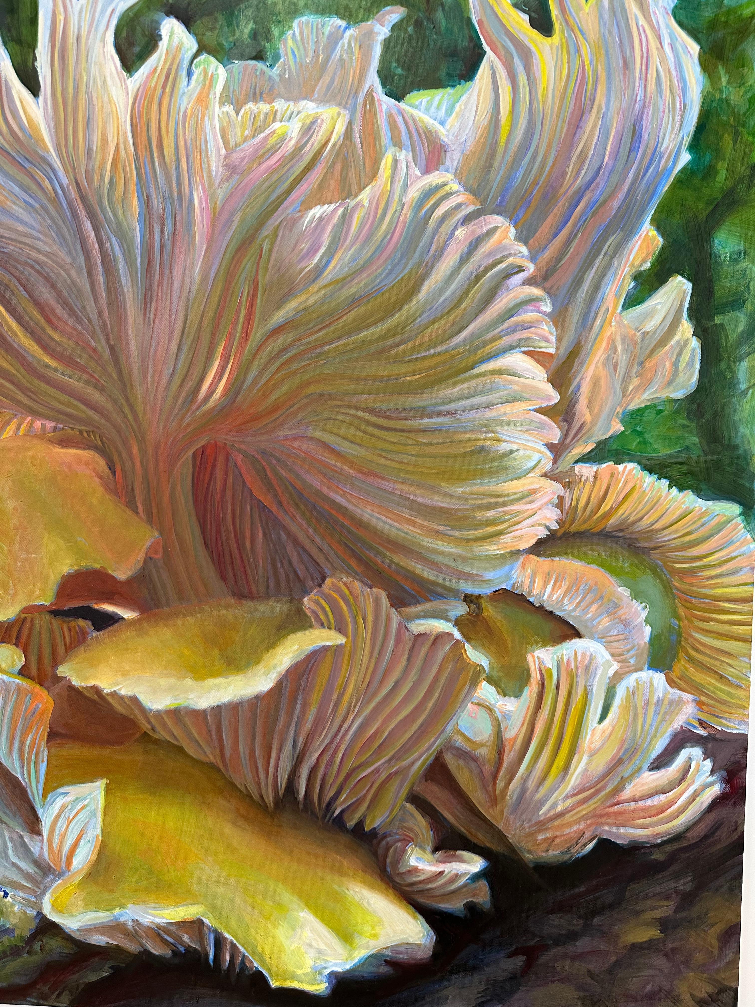 Golden Oysters One, Mushroom Fungi Still Life Painting, Yellow, Peach, Green For Sale 5