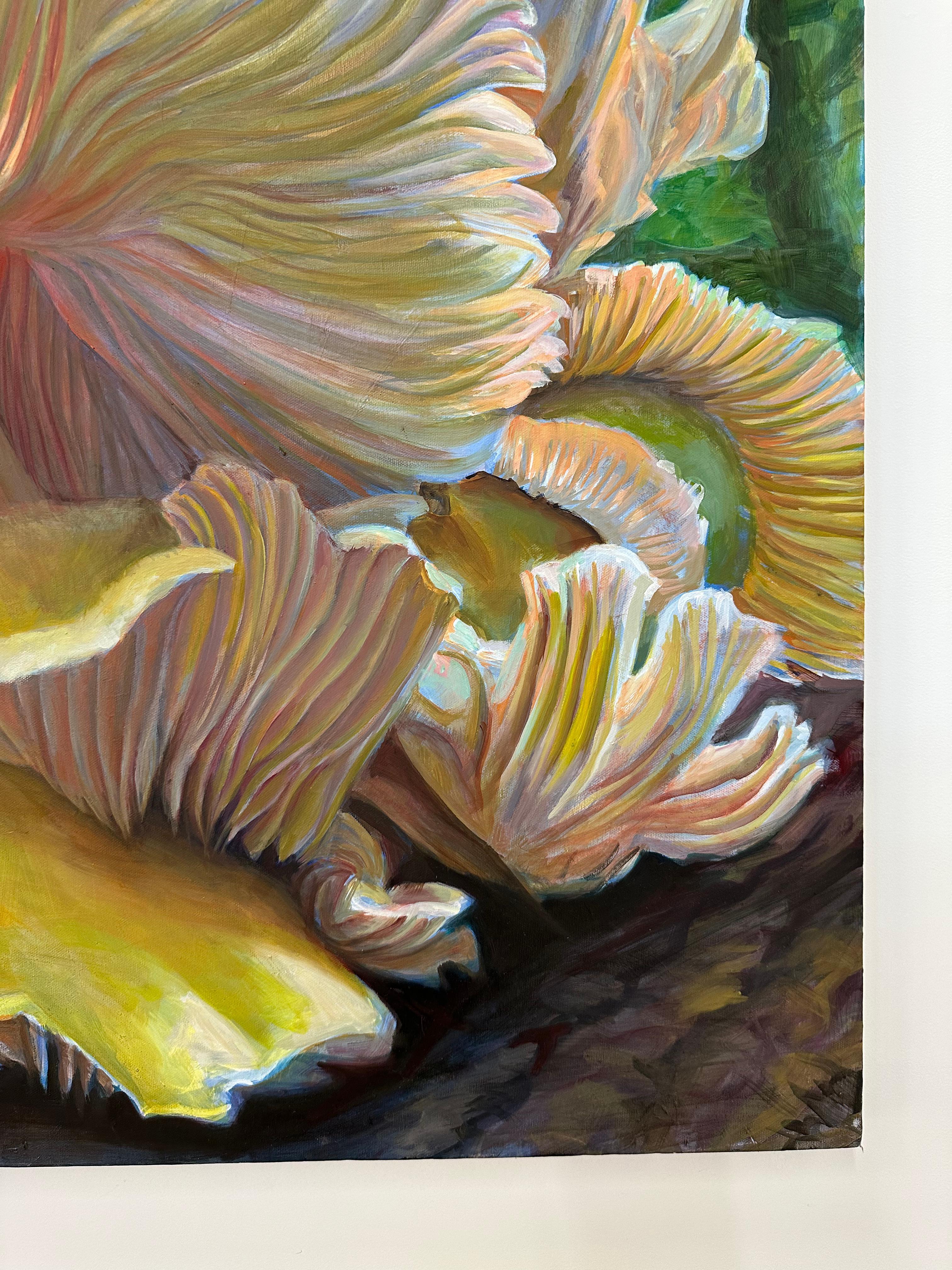 Golden Oysters One, Mushroom Fungi Still Life Painting, Yellow, Peach, Green For Sale 6