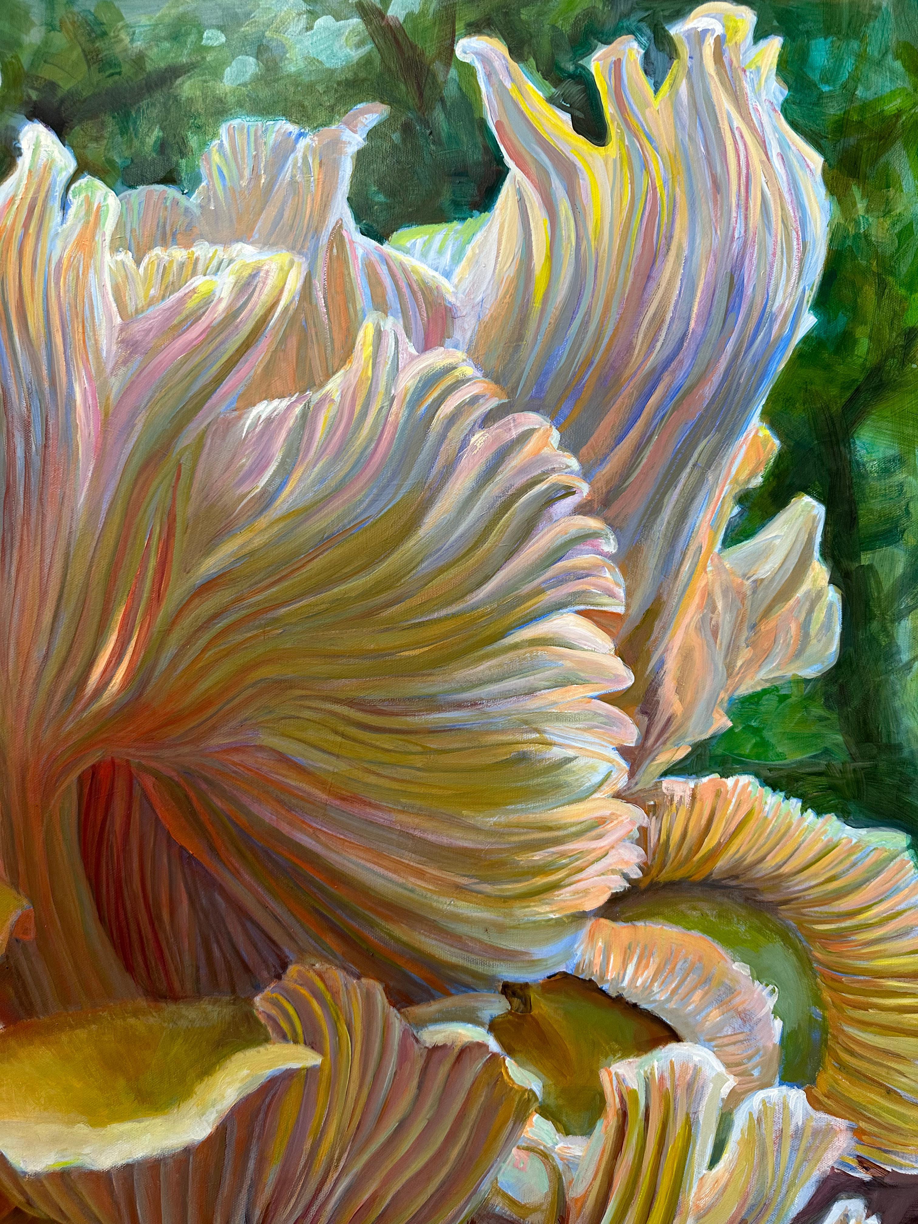 Golden Oysters One, Mushroom Fungi Still Life Painting, Yellow, Peach, Green For Sale 7