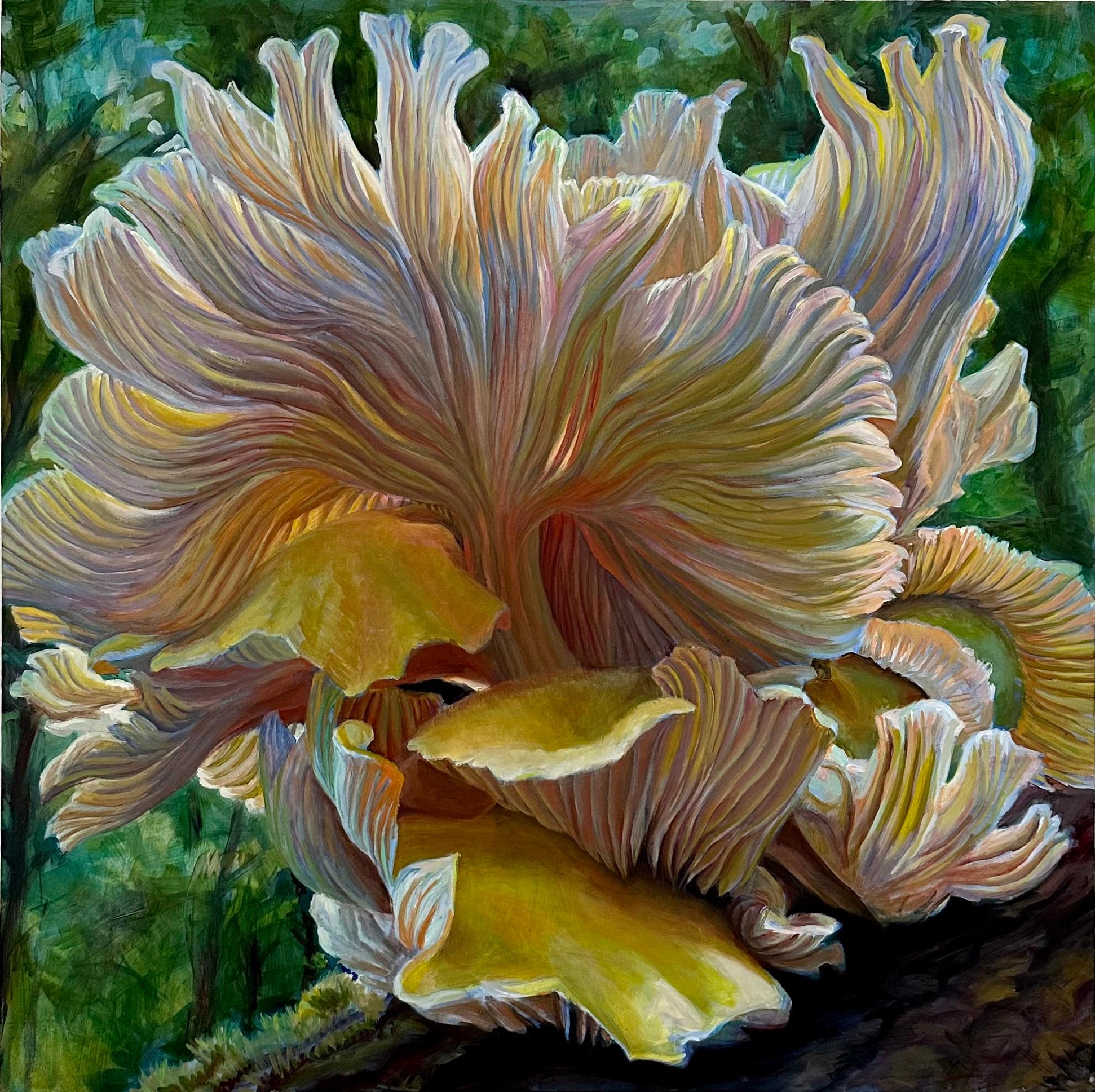 Andrea Kantrowitz Still-Life Painting - Golden Oysters One, Mushroom Fungi Still Life Painting, Yellow, Peach, Green