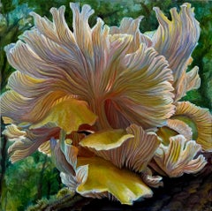 Golden Oysters One, Mushroom Fungi Still Life Painting, Yellow, Peach, Green