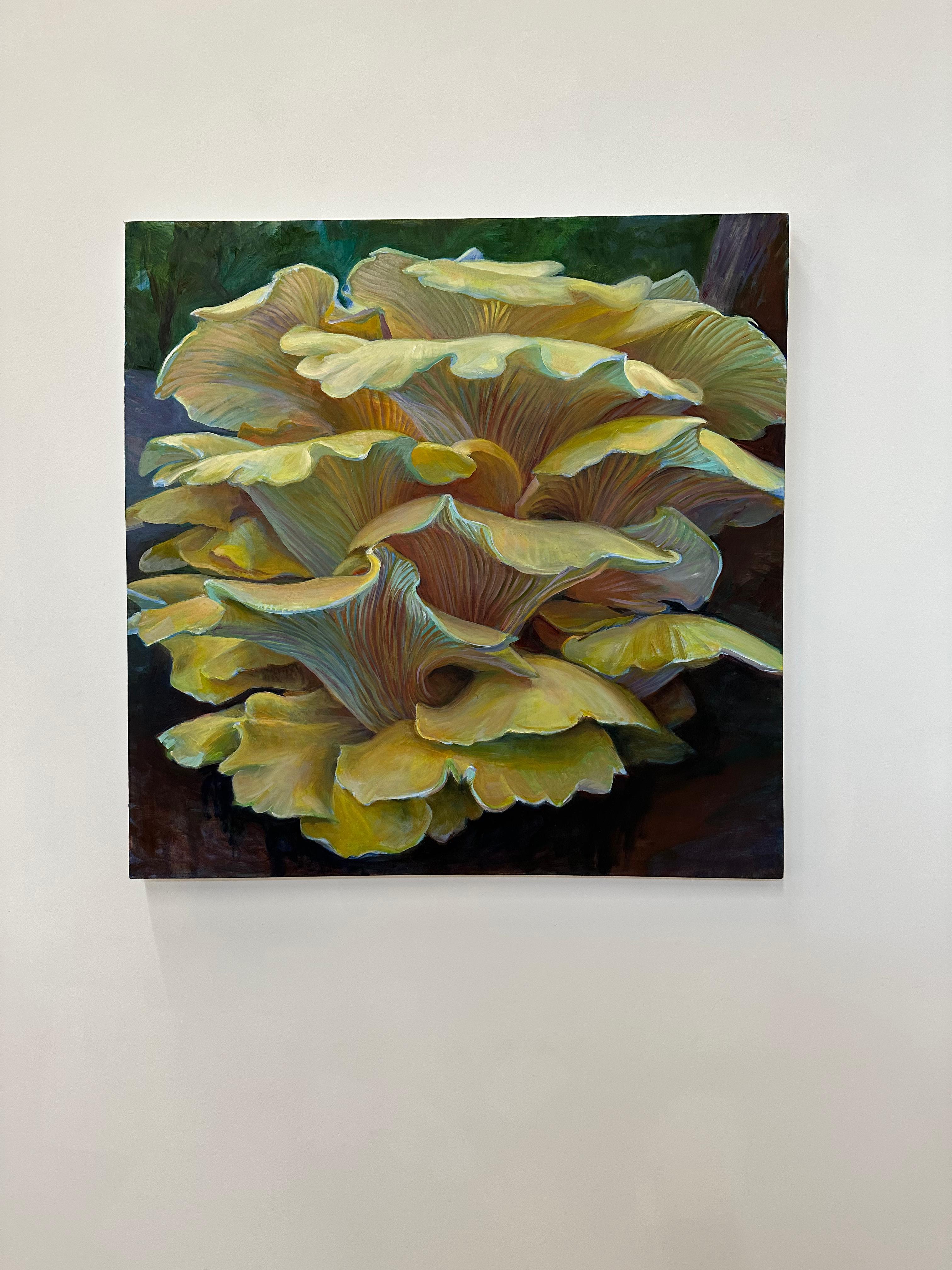 Golden Oysters Two, Mushroom Fungi Still Life, Yellow, Ochre, Dark Violet, Blue - Painting by Andrea Kantrowitz