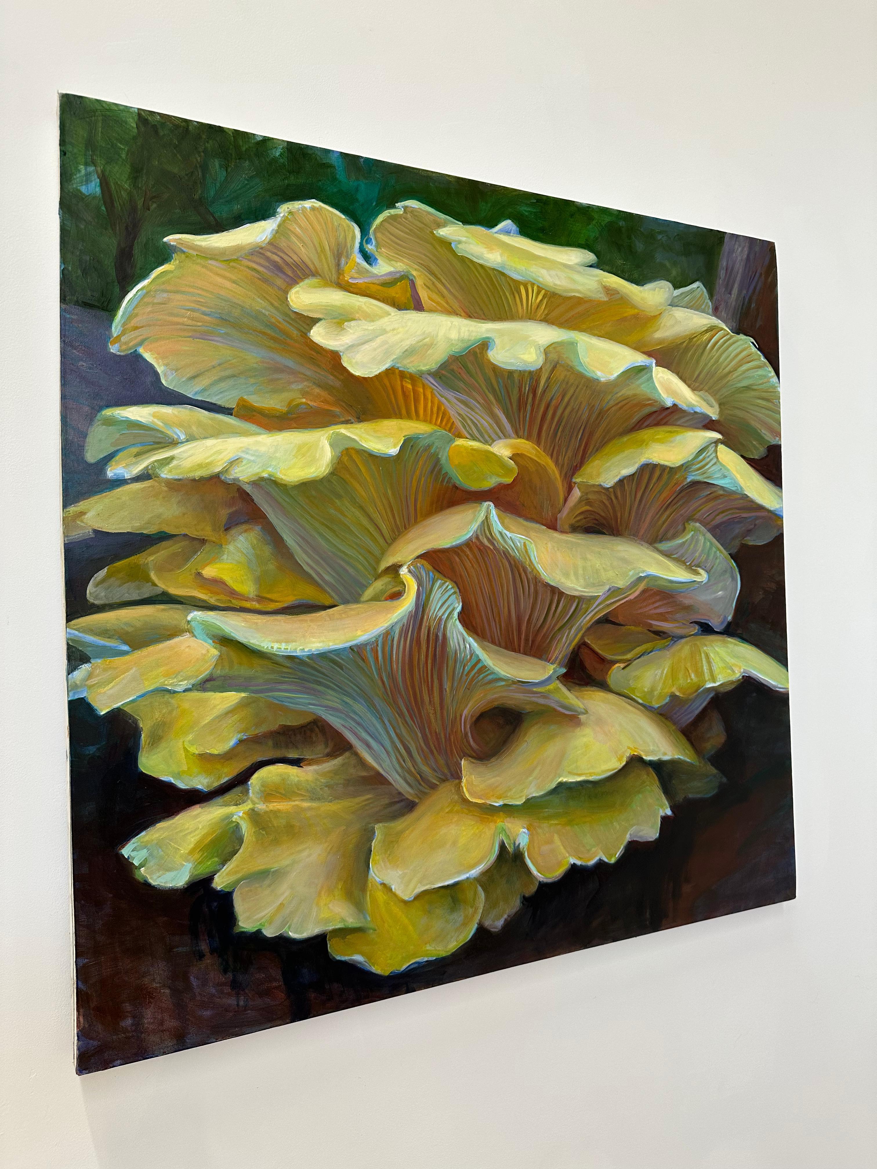 Golden Oysters Two, Mushroom Fungi Still Life, Yellow, Ochre, Dark Violet, Blue - Contemporary Painting by Andrea Kantrowitz