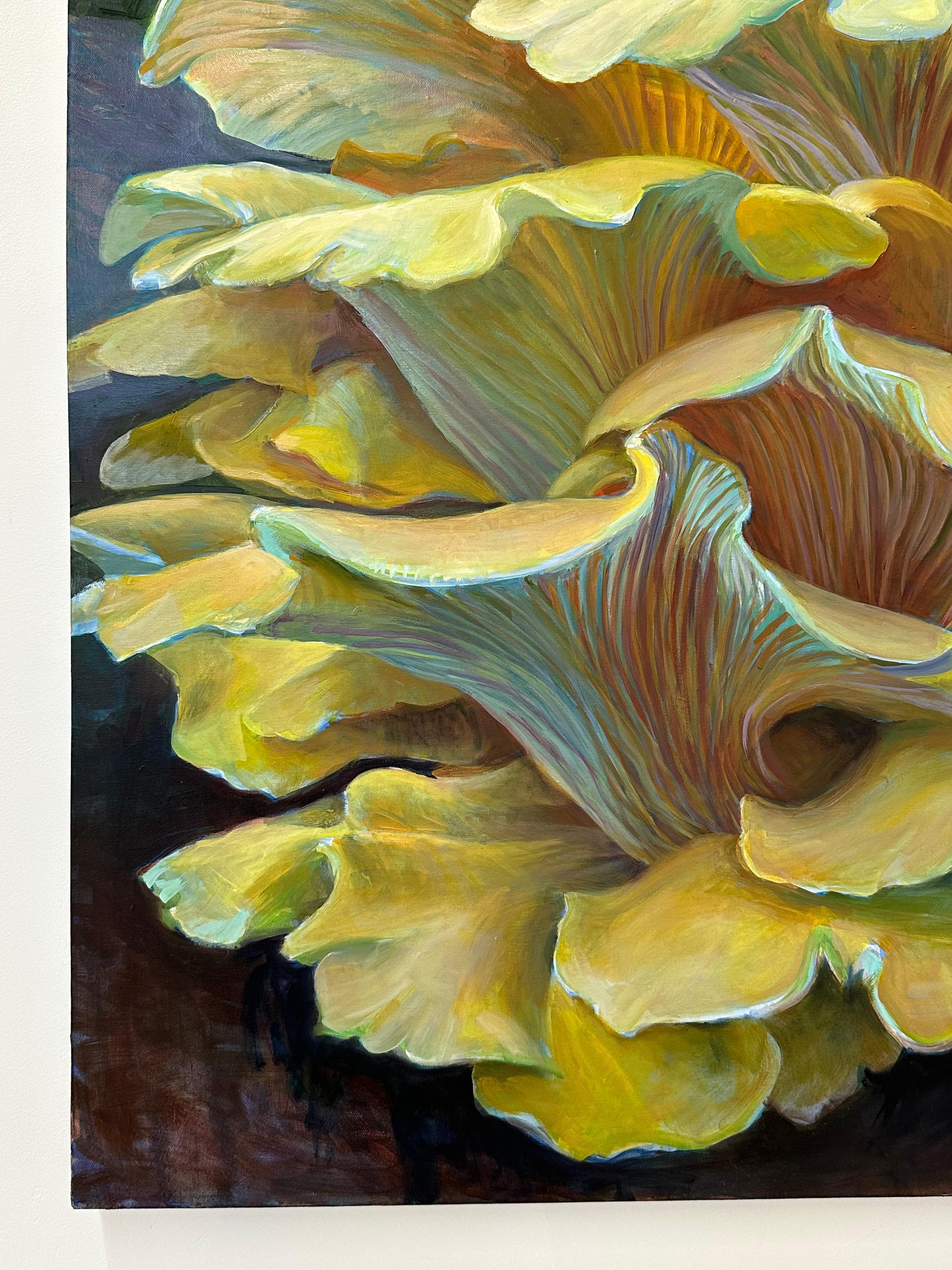 A golden oyster mushroom in hues of yellow, ochre and orange, with hints of light blue, is masterfully painted, arranged in a dynamic, asymmetrical composition, luminous against a dark violet and green background. Signed, dated and titled on