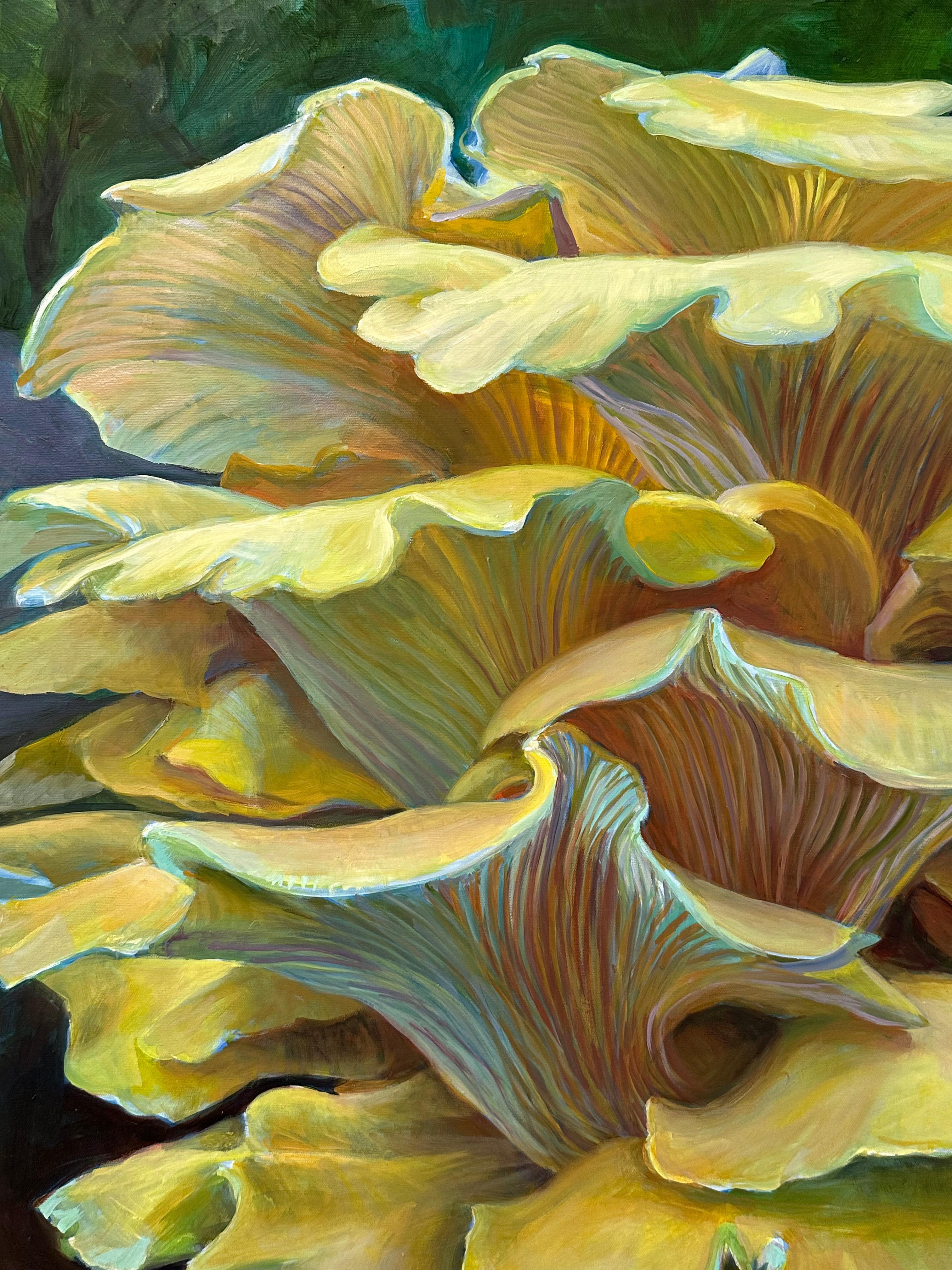 Golden Oysters Two, Mushroom Fungi Still Life, Yellow, Ochre, Dark Violet, Blue For Sale 1
