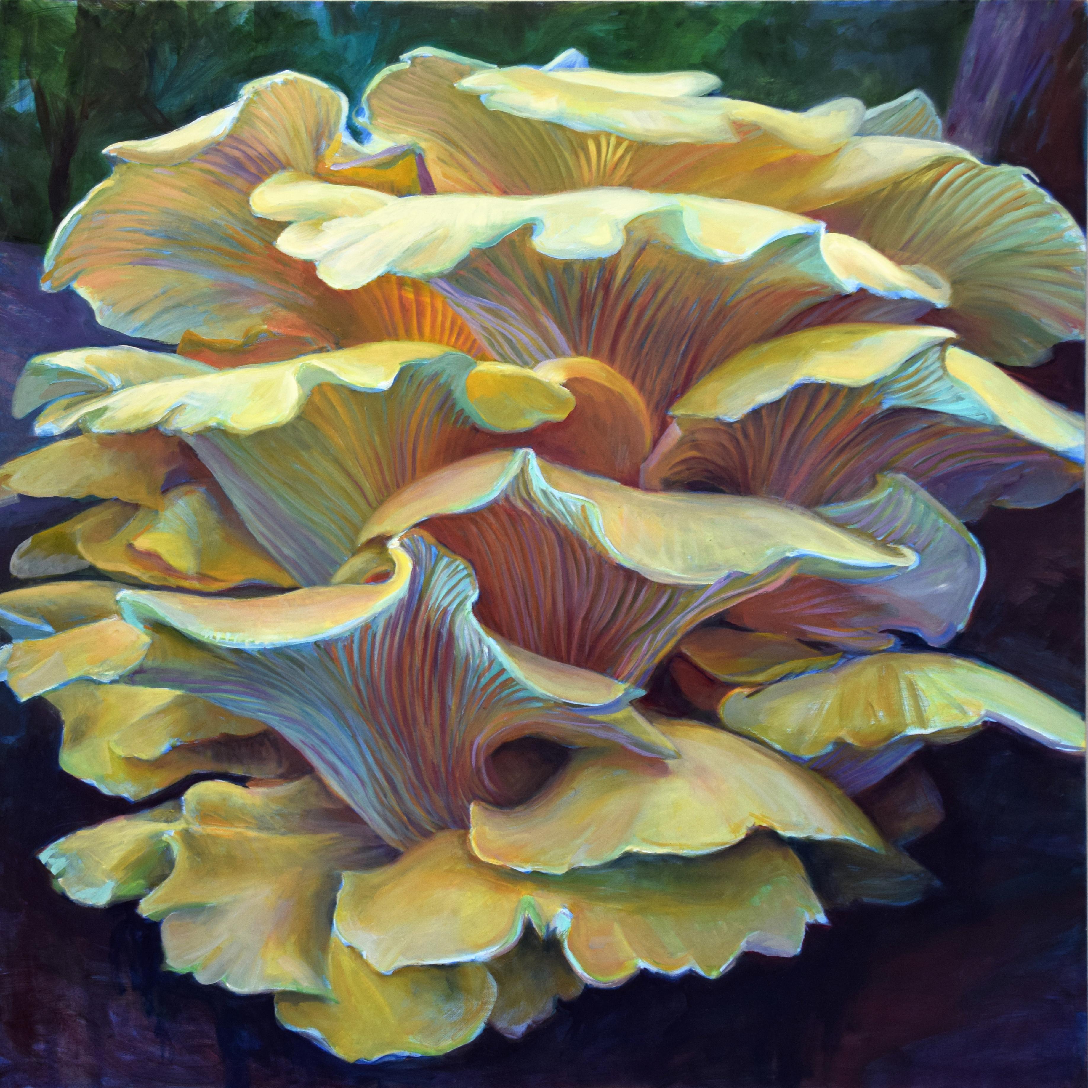 Andrea Kantrowitz Still-Life Painting - Golden Oysters Two, Mushroom Fungi Still Life, Yellow, Ochre, Dark Violet, Blue