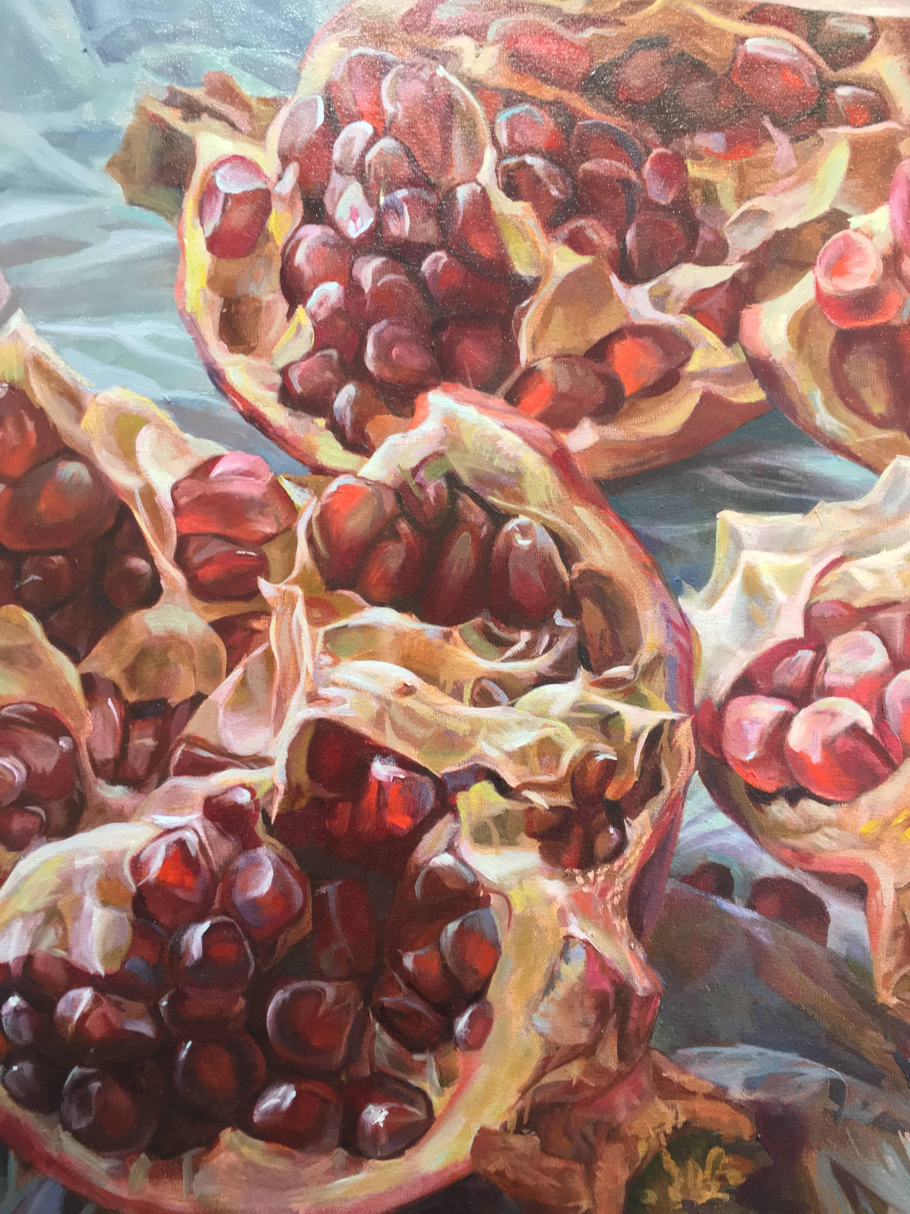 Granatum Scissa, Large Horizontal Still Life, Red Pomegranate on Gray Background - Contemporary Painting by Andrea Kantrowitz