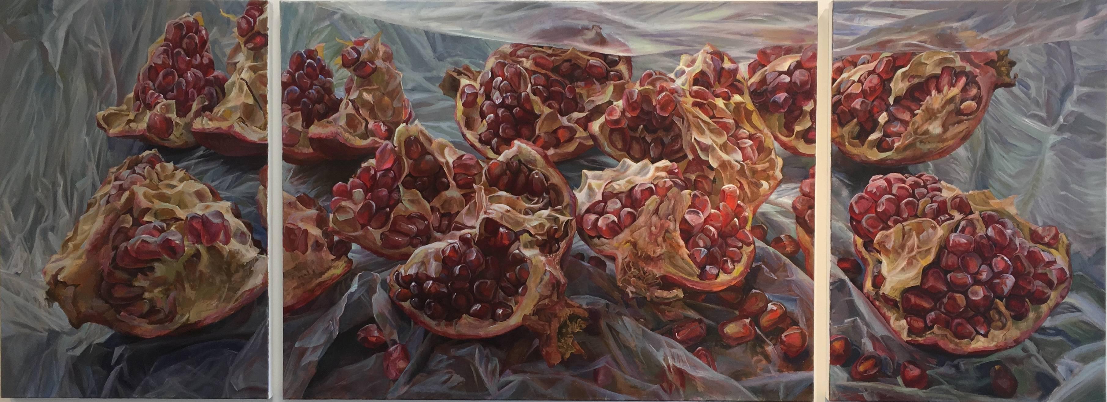 Andrea Kantrowitz Still-Life Painting - Granatum Scissa, Large Horizontal Still Life, Red Pomegranate on Gray Background
