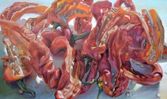 Oreithya, Large Horizontal Food Still Life Painting of Bright Red Ghost Peppers