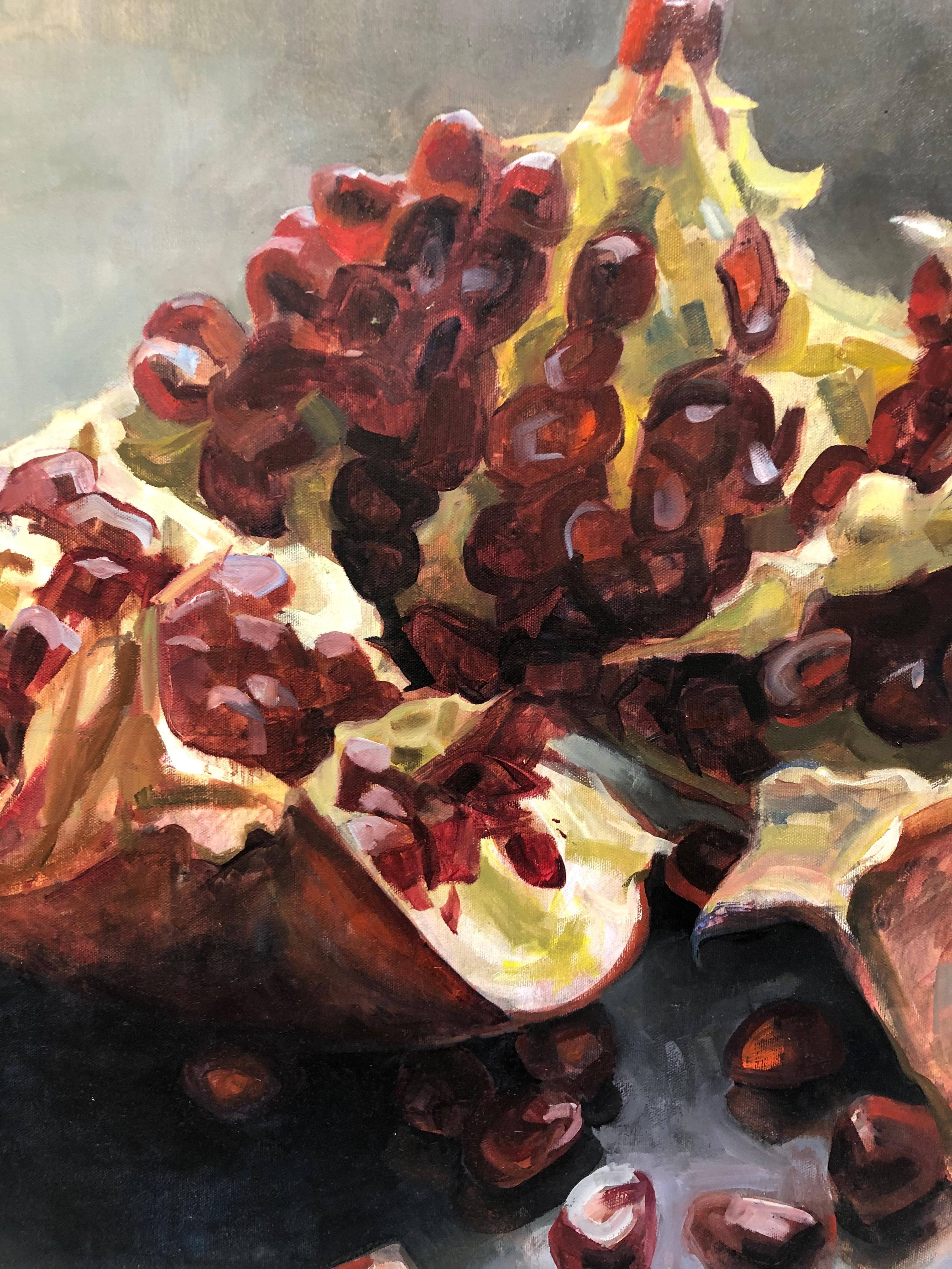 Pomegranates Reclining, Still Life Oil Painting, Red Pomegranate Gray Background 1
