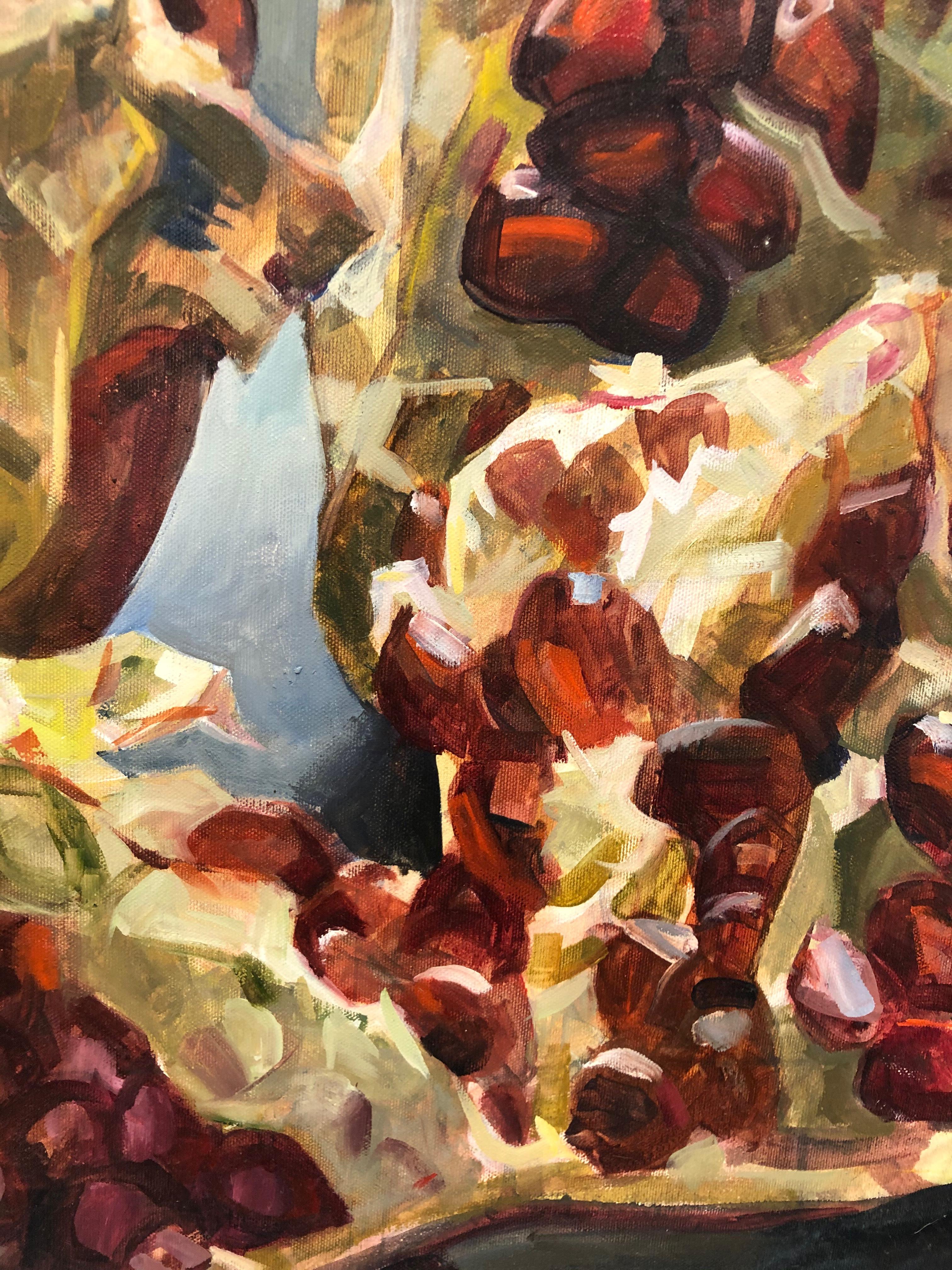 Pomegranates Reclining, Still Life Oil Painting, Red Pomegranate Gray Background 2